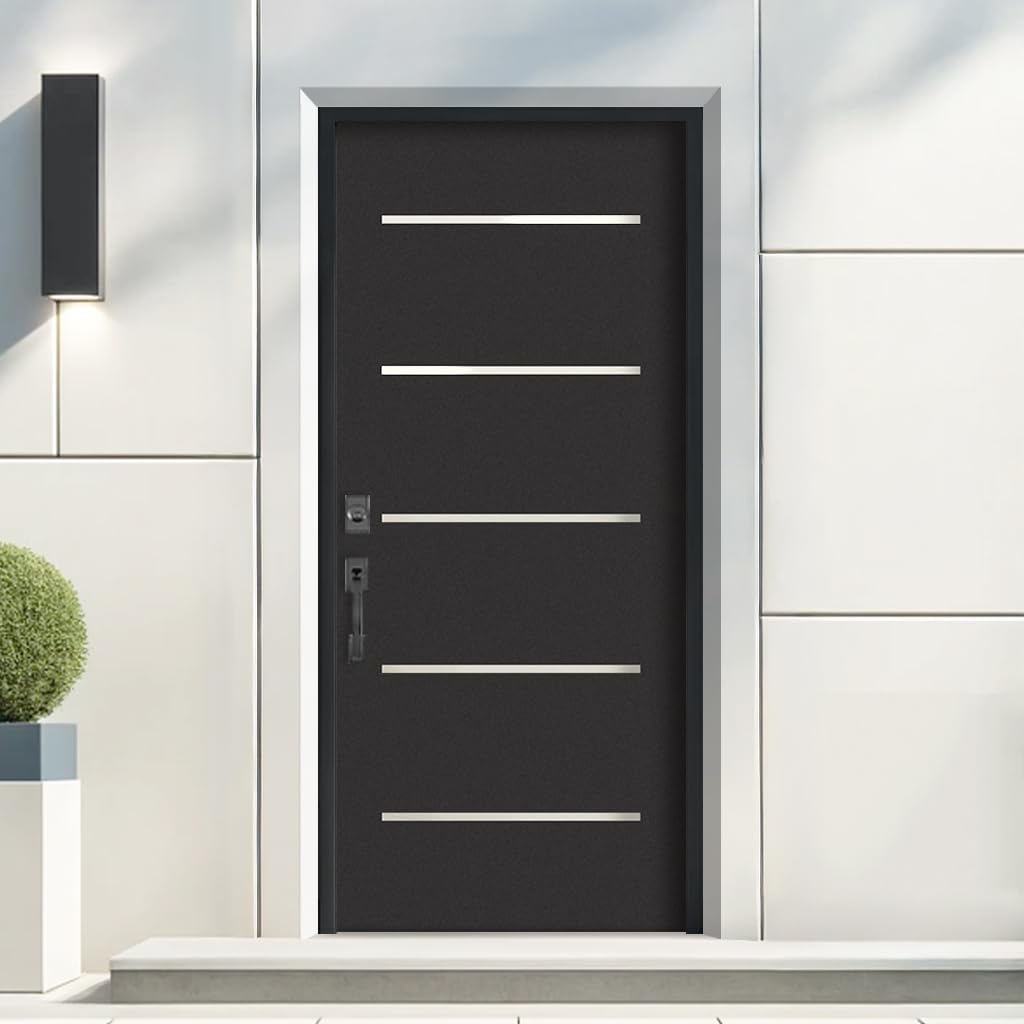 36 in. x 80 in. Right-Hand Black Steel Prehung Front Door with Bore Hole
