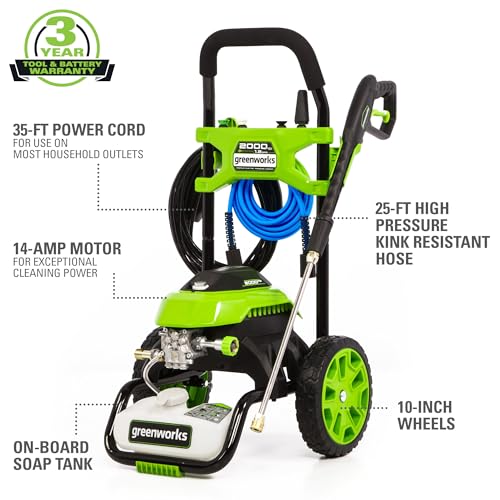 Greenworks 2000 PSI Electric Pressure Washer for Home & Outdoor Cleaning, 1.2 GPM Cold Water Power Washer with Push-Button Start, Multiple Spray Nozzles, CSA Certified