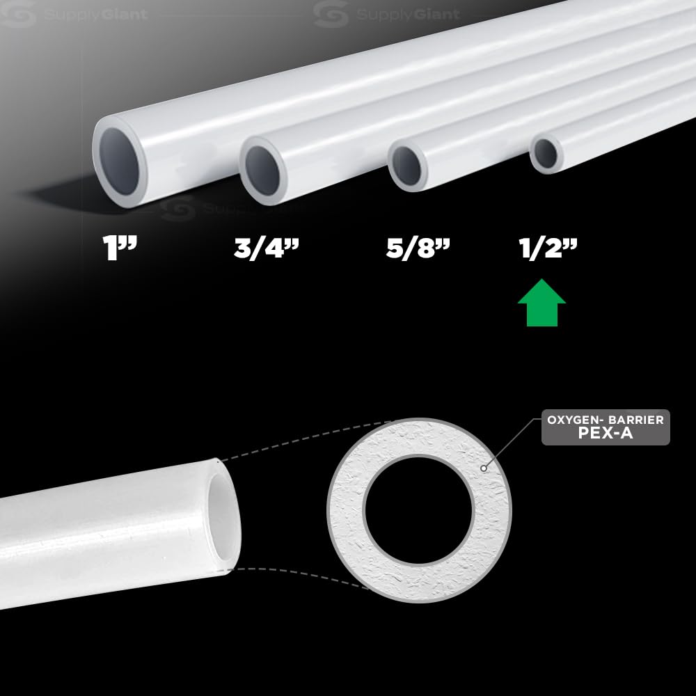 Pex-A 1/2 Inch x 500 Feet PEX Pipe, Oxygen Barrier Flexible Water Tubing for Hydronic Radiant Floor Heating, 1/2" PEX Tubing Coil, White