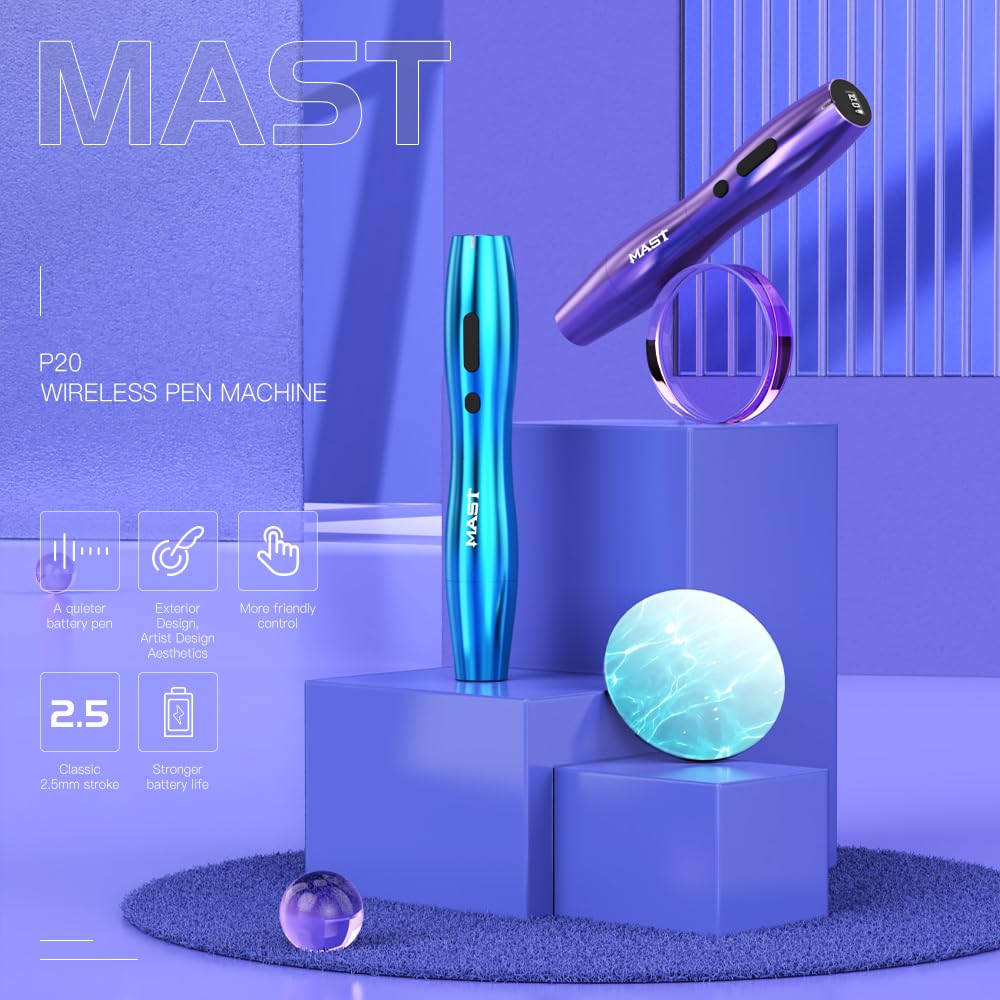 Mast Tattoo P20 Wireless Rotary Tattoo Pen Machine Gun for Women, Powerful Coreless Motor by Mcore, 2.5mm Stroke Length & Slim Frame for Women Artists, 2 Replaceble Batteries Silver