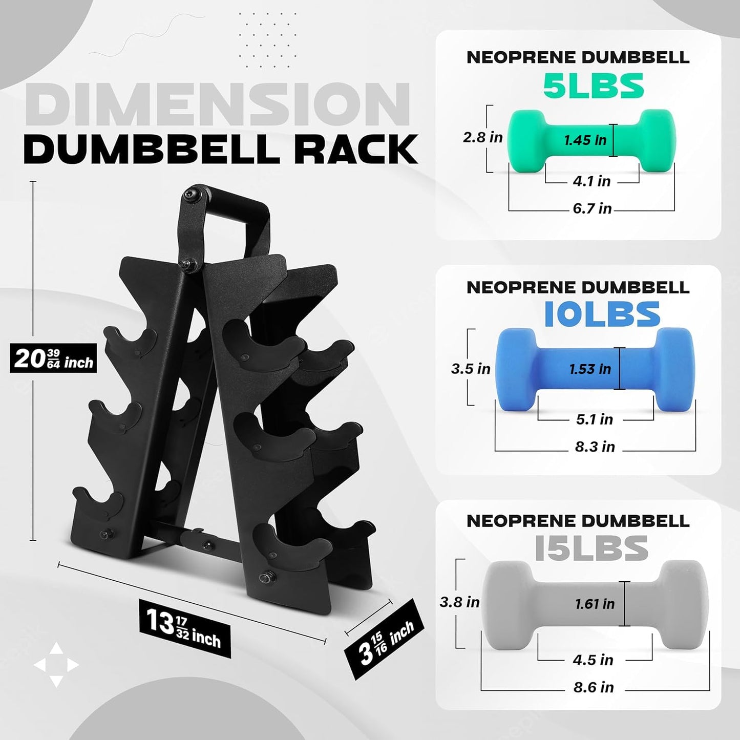 Dumbbell Neoprene 5-10-15lb pair + Metal Rack