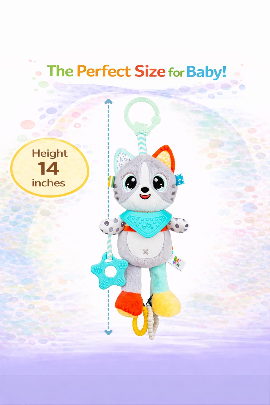 Balibazoo Luka The Cat Hanging Baby Toy – Soft Plush Sensory Toy with 3 BPA-Free Silicone Teethers, Crinkle Ears & Hidden Bell | Clip for Stroller, Car Seat, and Carrier | Developmental Toy 0-24M