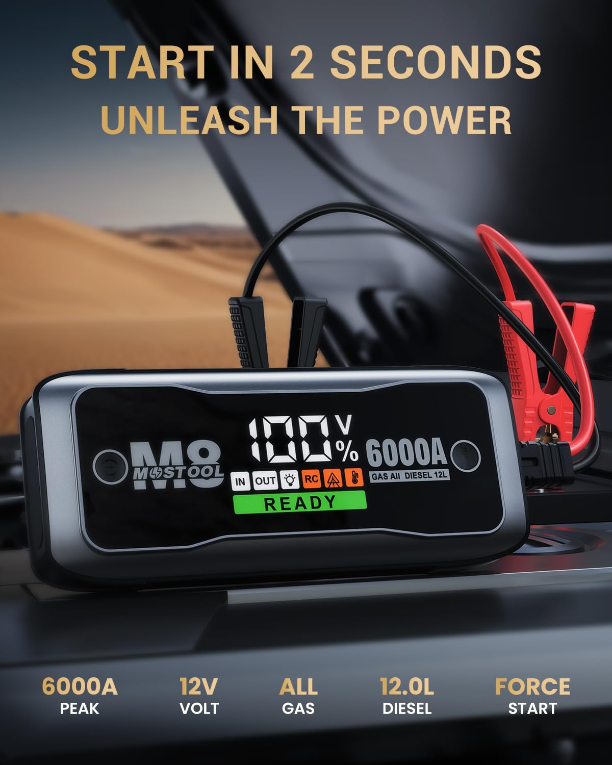 MOSTOOL M8 6000A Car Battery Jump Starter with Smart HD Display, 12V 24000mAh Battery Jump Pack, Portable Jump Box with Jumper Clamps 400-Lumen LED, Rugged Kit for All Gas & Up to 12.0L Diesel
