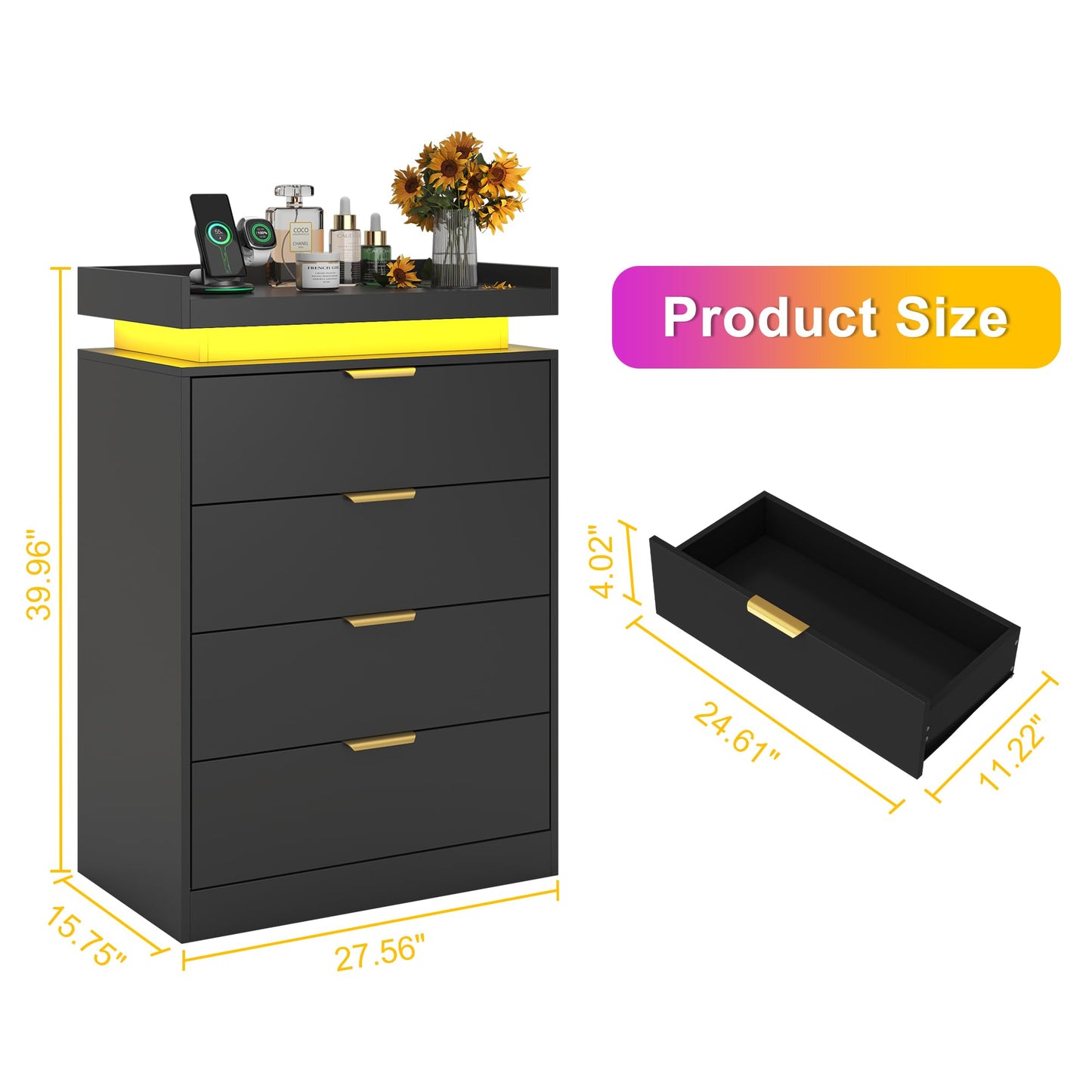 knoworld Black Dresser with LED Lights, Wooden LED Dresser, 4 Drawer Chest with Charging Station, Tall Chest of Drawer Closet Organizer for Bedroom, Living Room, Entryway, Hallway