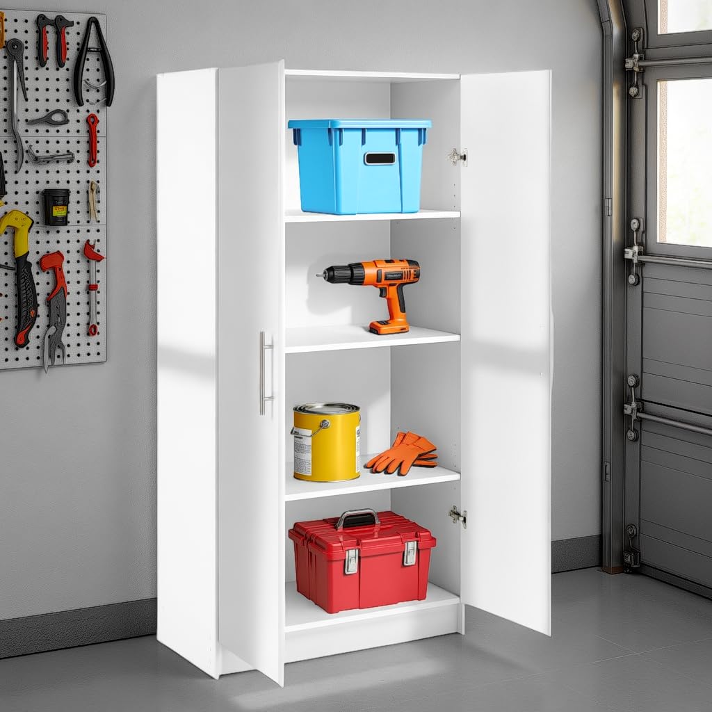 Prepac Elite Tall Garage Storage Cabinet & Pantry Storage Cupboard, 2-Door Freestanding Bathroom or Pantry Cabinet with Adjustable Shelves, 16" D x 32" W x 65" H, White