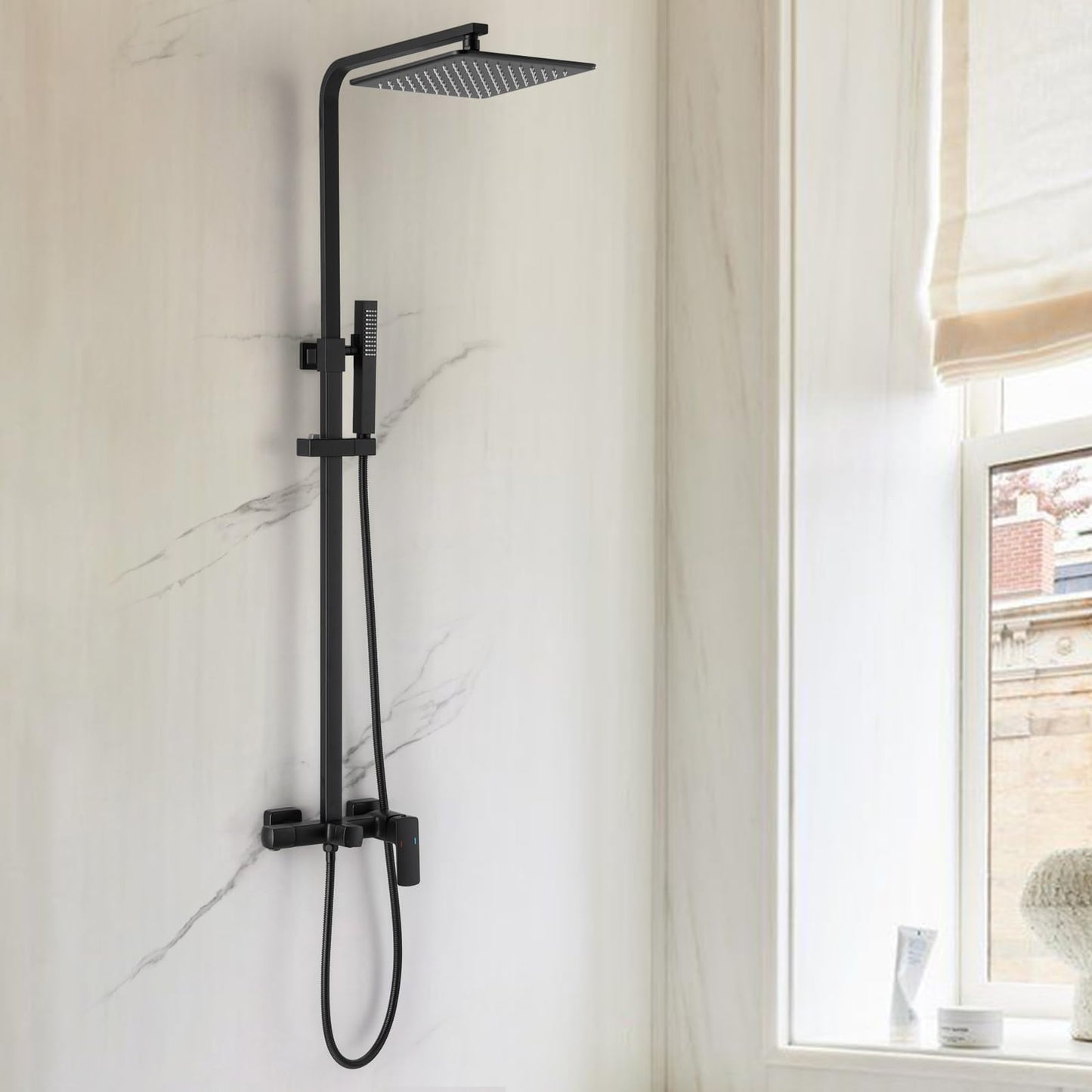 RBROHANT 3 Functions Exposed Shower System, Matte Black Exposed Shower Faucet Set, 10 Inch Rain Shower Head with Handheld and Tub Spout,Shower Height Adjustable, Wall Mounted