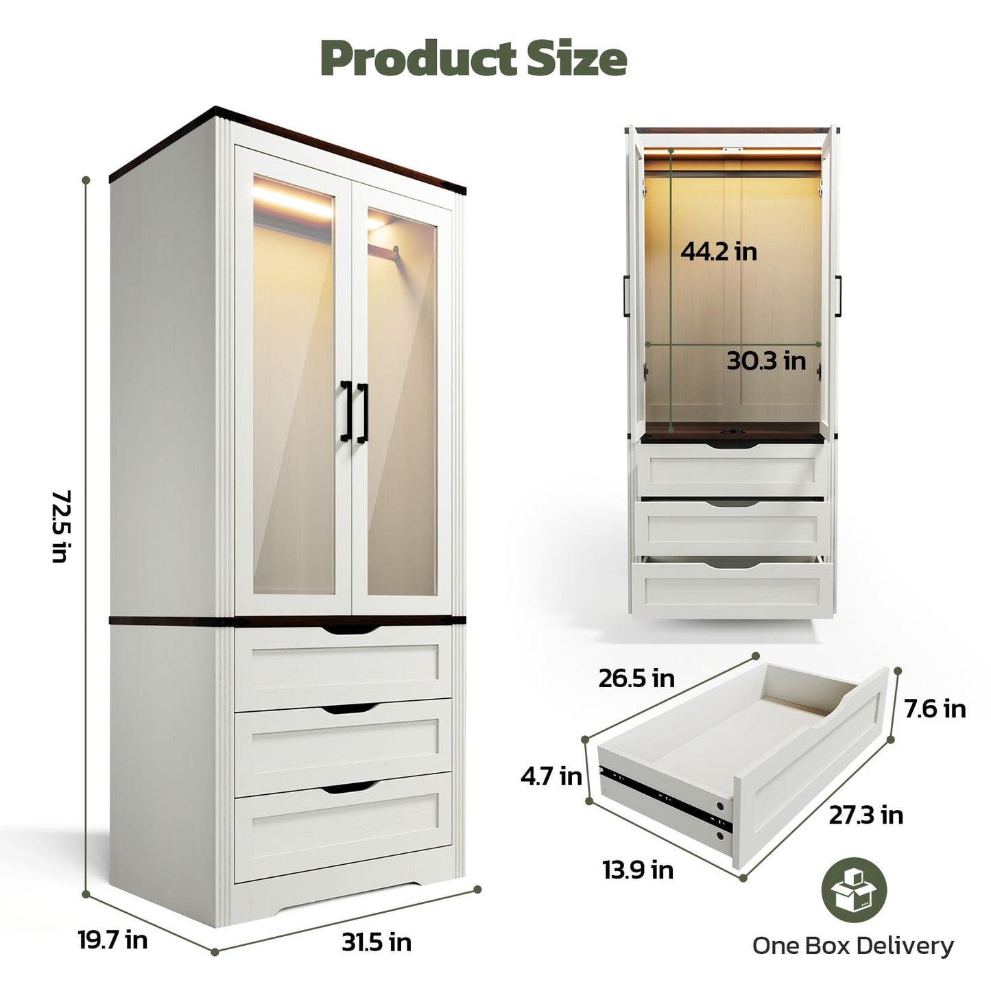 Concho 73'' Tall Farmhouse Armoire Wardrobe Closet with LED Light, Wood Wardrobe Closet with 2 Doors 3 Drawers, Freestanding Bedroom Armoire Clothing Storage Cabinet, White