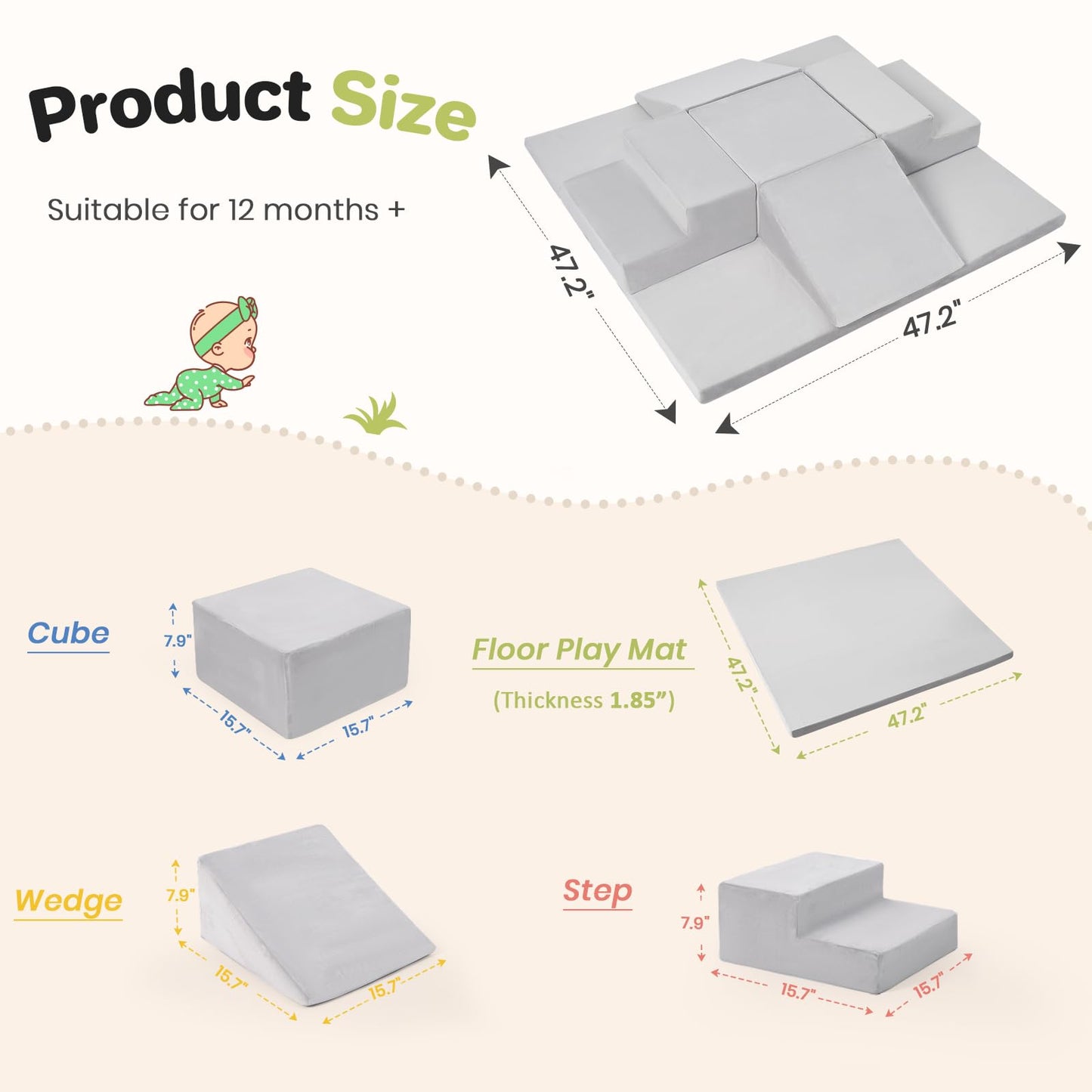 Rinnebbit 6-Piece Foam Climbing Blocks for Toddlers, Climb and Crawl Soft Foam Play Set with 47x47 Inch Baby Play Mat for Floor, Machine Washable Cover, Soft Climbing Toys for Toddlers 1-3 (Gray)