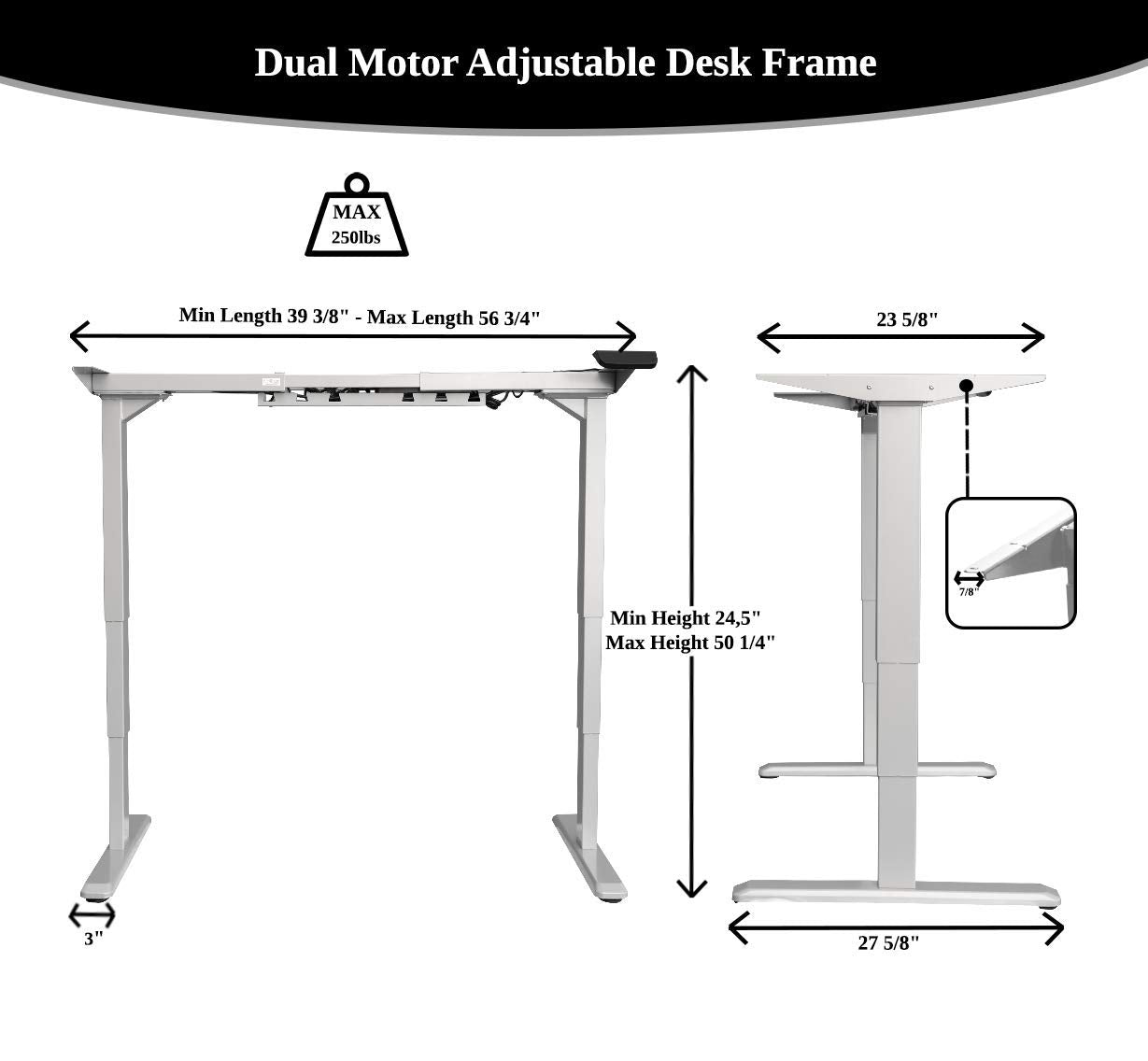 Ergomax Height Adjustable Ergonomic Standing Workstation Electric Desk Frame w/Dual Motor, Tabletop Not Included, 50 Inch Max, Black