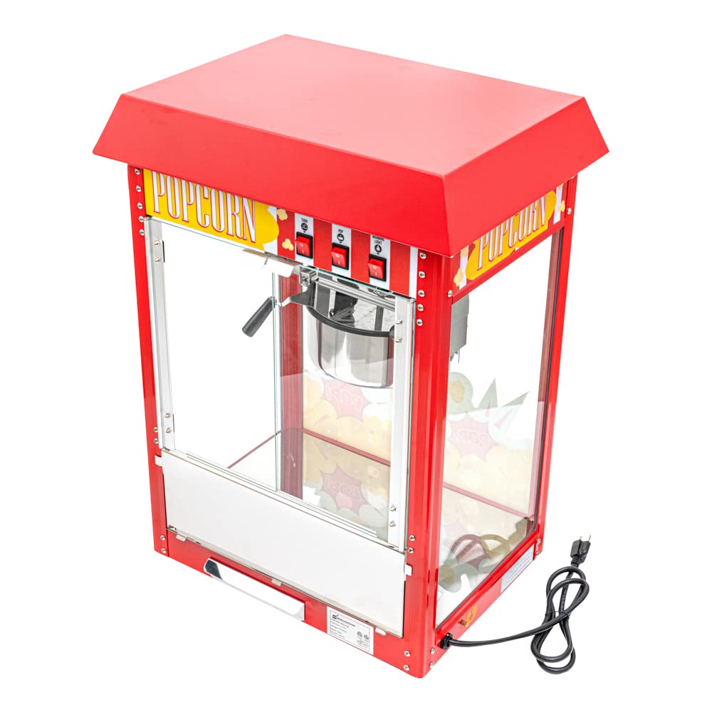 Restaurantware Hi Tek 8 Ounce Commercial Popcorn Popper Machine 1 Electric Popcorn Maker Machine - Popcorn Cart Sold Separately 3-Switch Operation Red Stainless Steel Popcorn Machine 120V
