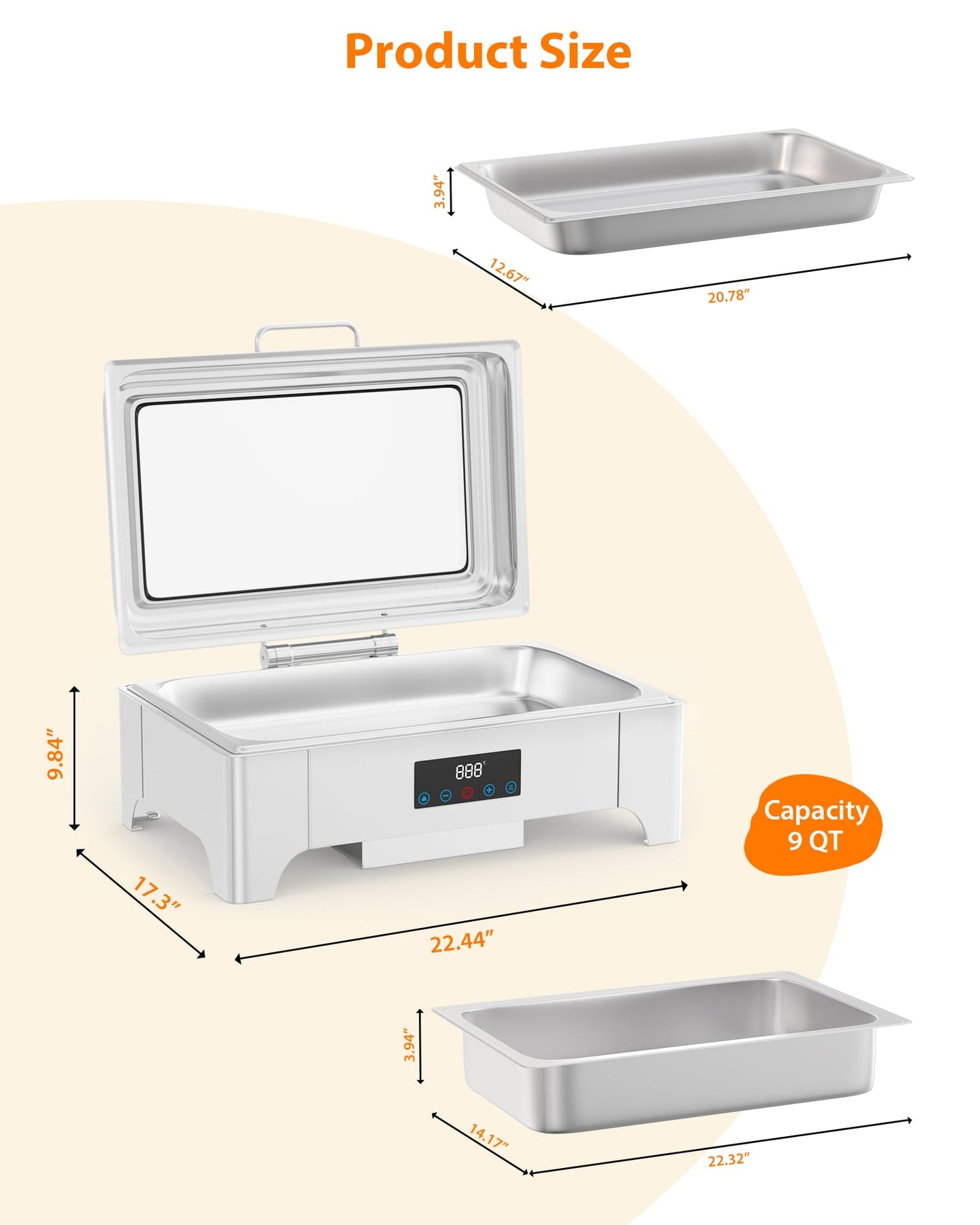 Electric Chafing Dish, 9 QT Full Size Touch Screen Chafing Dishes for Buffet Roll Top Set Food Servers and Warmer with Glass Lid for Catering, Parties, Weddings, Silver