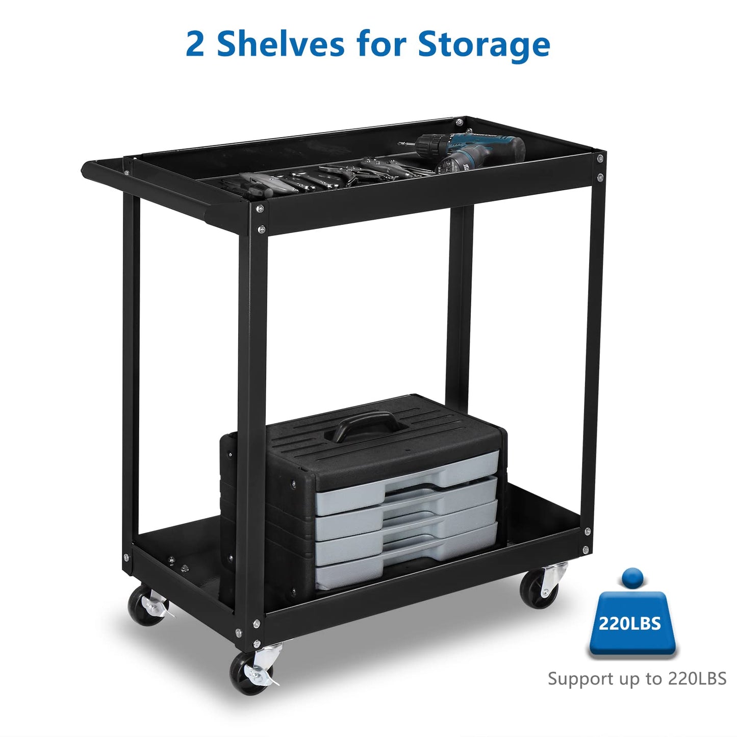 TUFFIOM 2 Tier Rolling Tool Cart,220 LBS Capacity Industrial Service Cart on Wheels w/2 Brake,Heavy Duty Steel Utility Cart,Tool Organizer for Mechanic,Garage,Workshop,Warehouse & Repair Shop