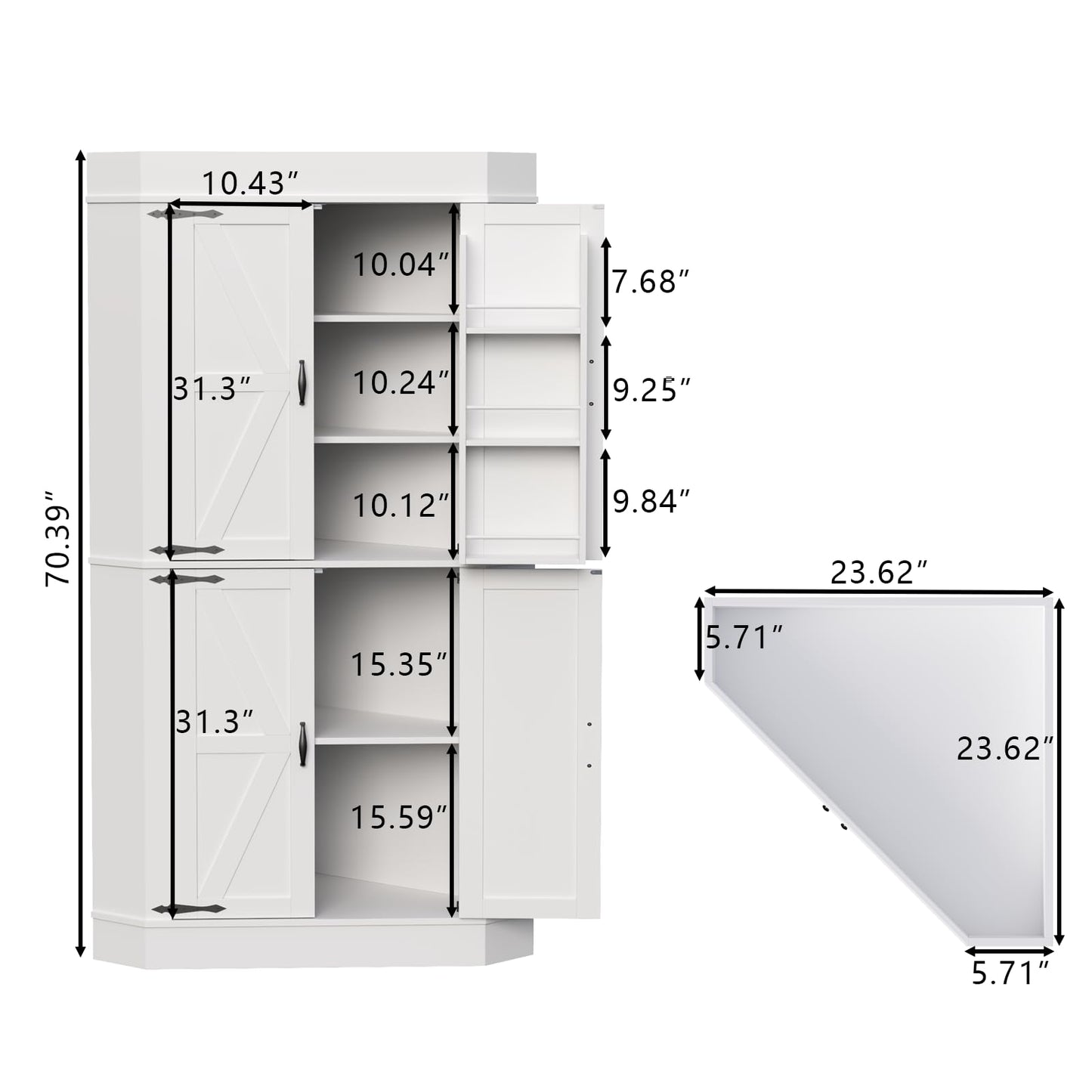 Gyfimoie Corner Cabinet,Kitchen Pantry Storage Cabinet,Freestanding Buffet Hutch with 4 Doors and Shelves,Tall Food Pantry Farmhouse Furniture with Side Rack for Kitchen Dining Room (White)