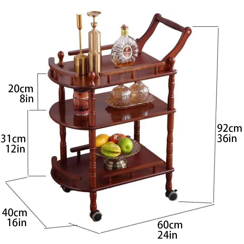 Wiz Conal Entertainment Kitchen Cart, Midcentury Modern Imported rubberwood Brown Finished Wood 3-Tier Mobile Bar Cart Serving Cart