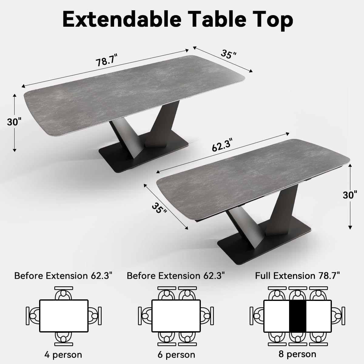 LCBANDIANMA Extendable Dining Table for 4-8, Modern Rectangle Dining Table with Sintered Stone Top and V-Shape Carbon Steel Pedestal, 62.3 "to 78.7" for Dining Room(1TABLE