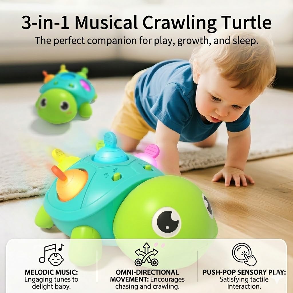 SOSUSHOE 3-in-1 Musical Crawling Turtle Baby Toy - Tummy Time Toy with Smart Obstacle Avoidance, Push-and-Pop Sensory Shell & Sleep Soothing, Baby Infant Toys for 0-12 Months
