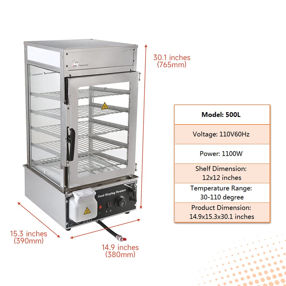 Chef Prosentials 5-Tier Electric Bun Steamer, Commercial Stainless Steel Food Warmer Display with Automatic Temperature Control, for Buns, Baozi, Siomai, Corn, Buffet, Kiosk, Restaurant