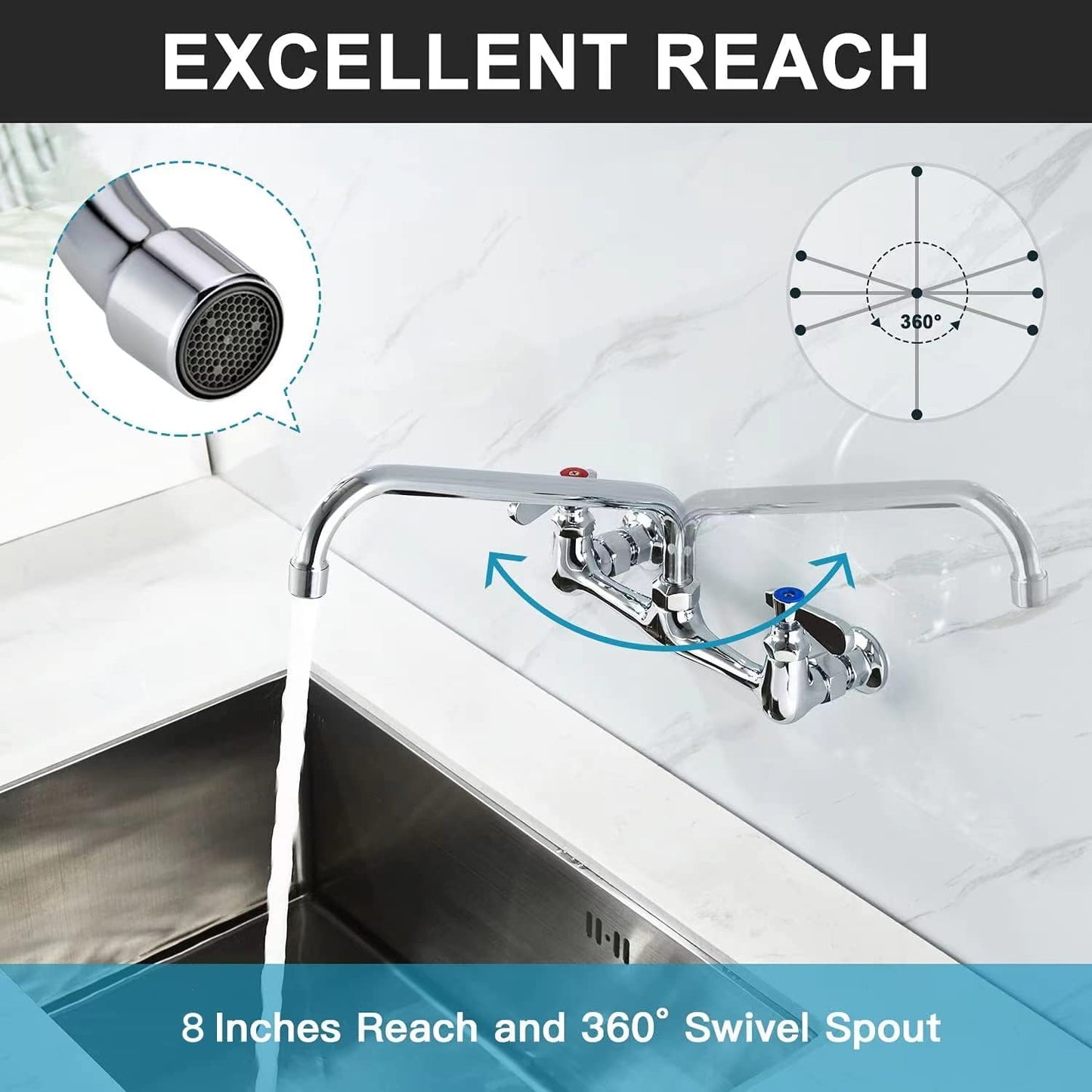 Favorpo 8 Inch Commercial Kitchen Wall Mount Faucet, 8 Inch Center Wall Mounted Restaurant Sink Faucets, 2 Handle Commercial Faucets for Laundry Utility (Polished,8")
