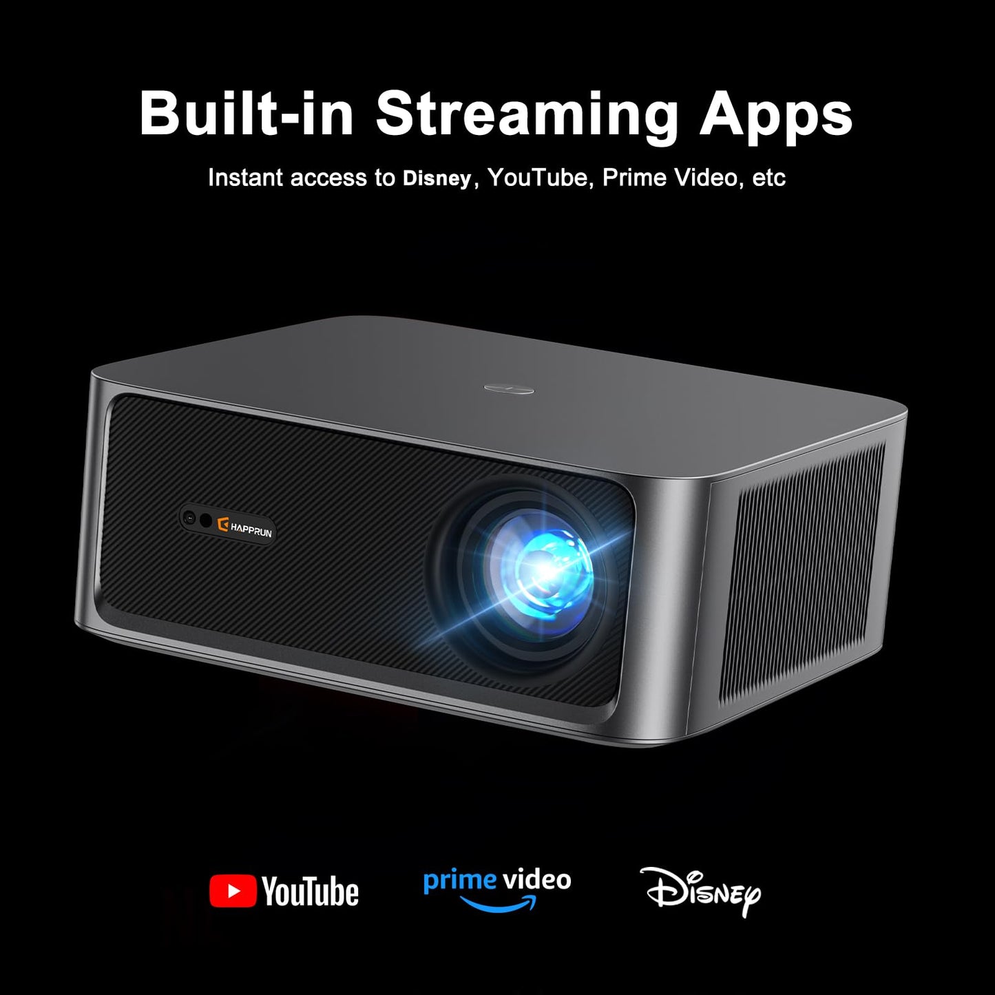 HAPPRUN 2500 ANSI Lumens Outdoor Projector with Built-in Streaming Apps, 4K Decoding Resolution, Dolby Audio, WiFi 6 and Bluetooth 5.2 for Indoor and Outdoor Home Theater