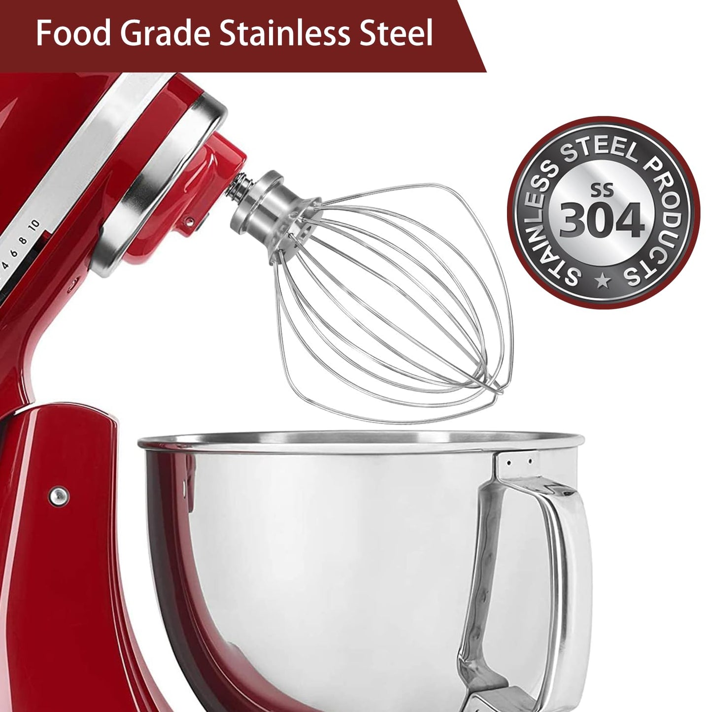 LEMEENQ K45WW Dishwasher Stainless Steel Wire Whip Attachment, 6 Wire Whisk fits KitchenAid 4.5 and 5 Quart Tilt-Head Stand Mixers, Dishwasher Safe