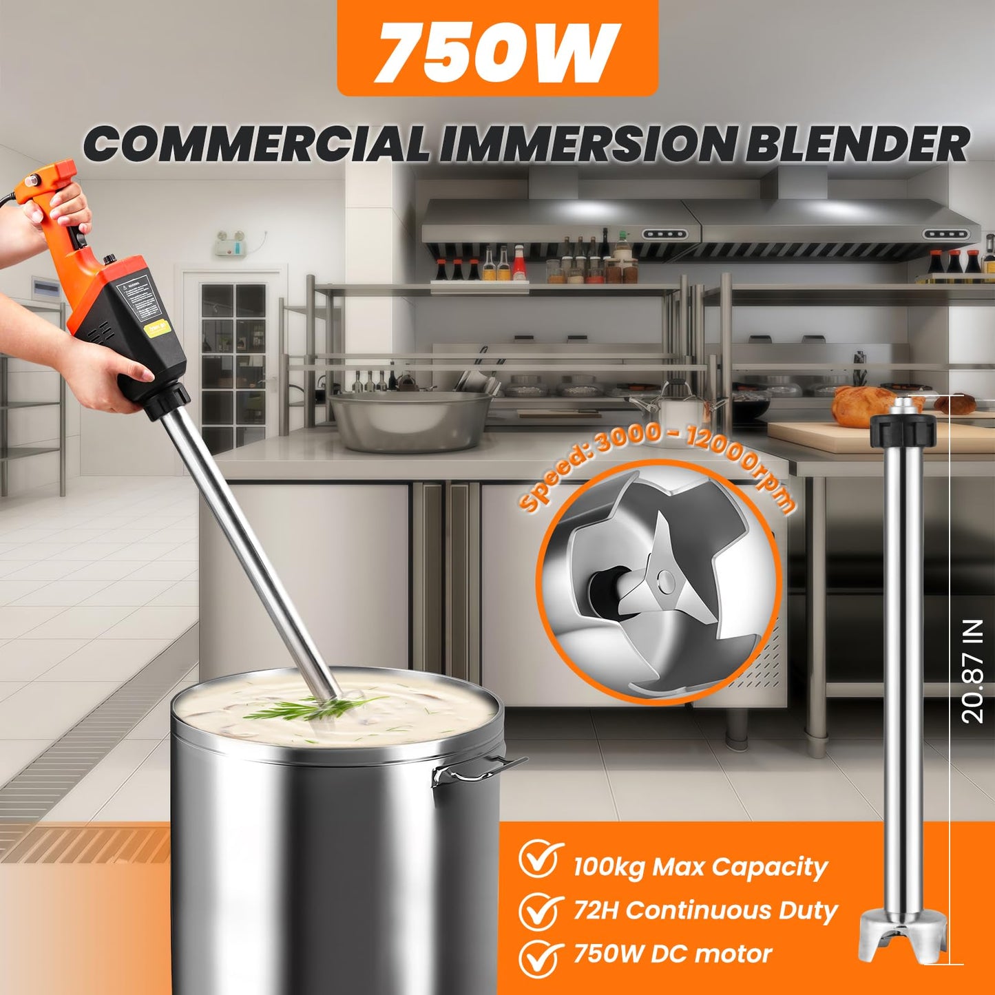 Flyseago 750W Commercial Immersion Blender Brushless DC Motor Hand Held Blenders Heavy Duty Variable Speed Mixer with 21 Inch Removable Shaft 50-Gallon Capacity Multifunction Pro