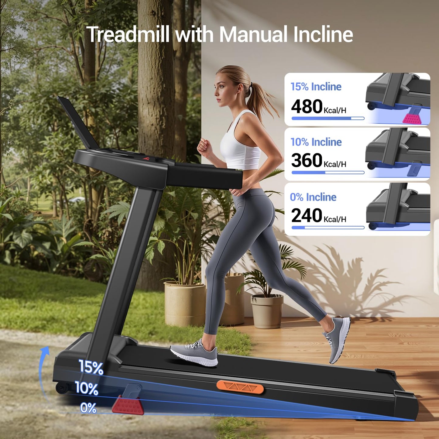 LONTEK 15% Incline Treadmill with Handles, 3-in-1 Portable Treadmills for Home and Office, Foldable Treadmills with 300 Lbs Weight Capacity, 3.0HP Quiet Walking Pad Treadmill, Three Screen