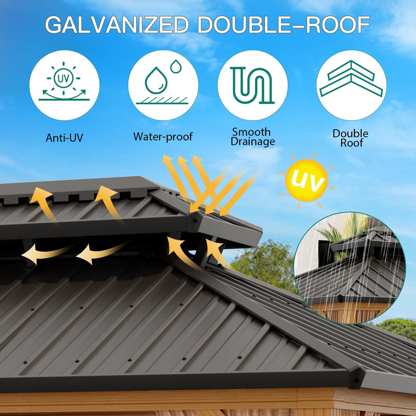 GarveeLife 10x12 ft Double Roof Hardtop Gazebo, Heavy Duty Galvanised Steel Hardtop Pavilion with Netting and Curtains, Faux Wood Grain Metal Gazebo for Patio, Terrace, Lawn and Deck, Wood Grain