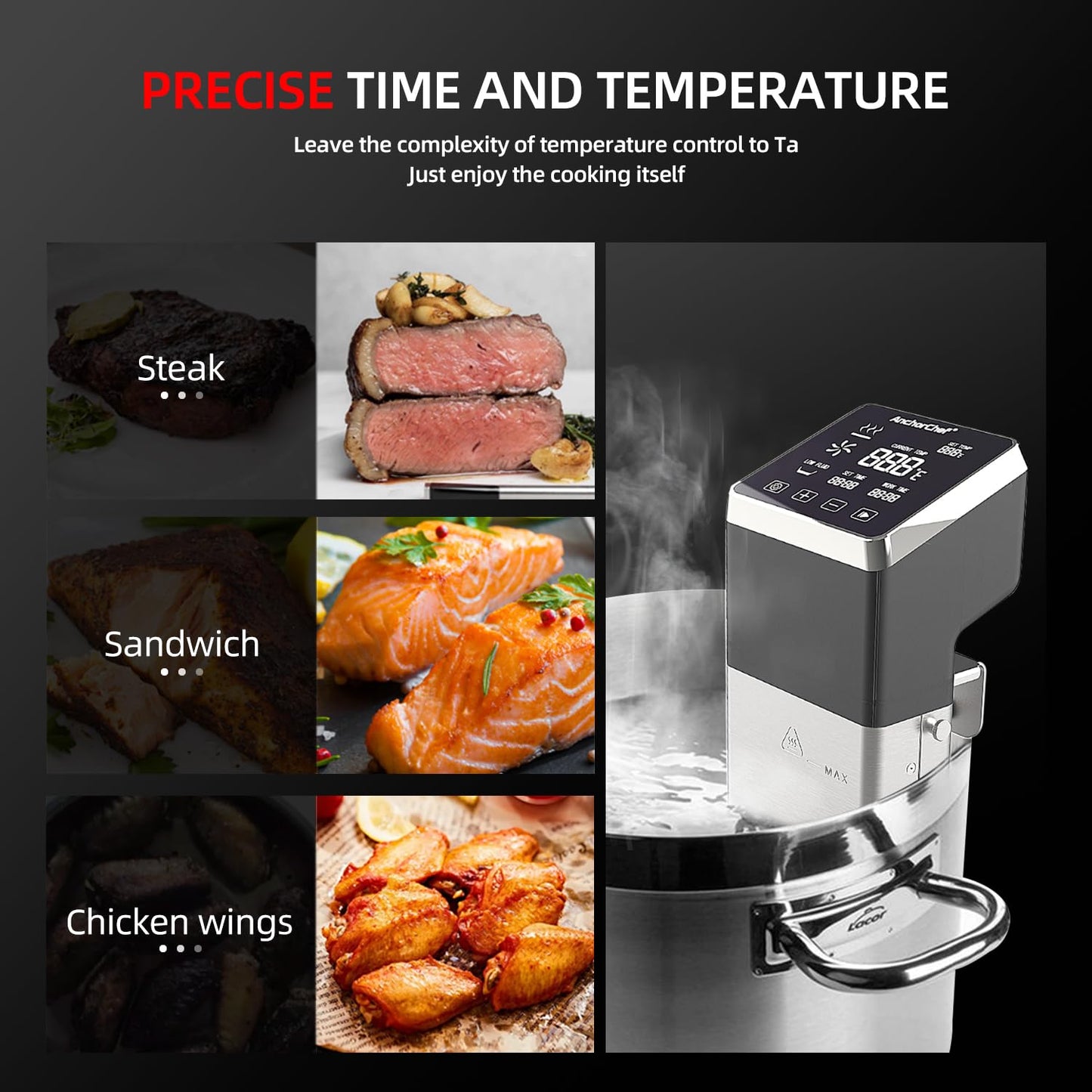 AnchorChef Immersion Circulator, Commercial Restaurant Sous Vide Machine,Large capacity sous vide, Fast-Heating,Sous vide cooker 1400W,With large Touchscreen Accurate Temperature Timer (110V)