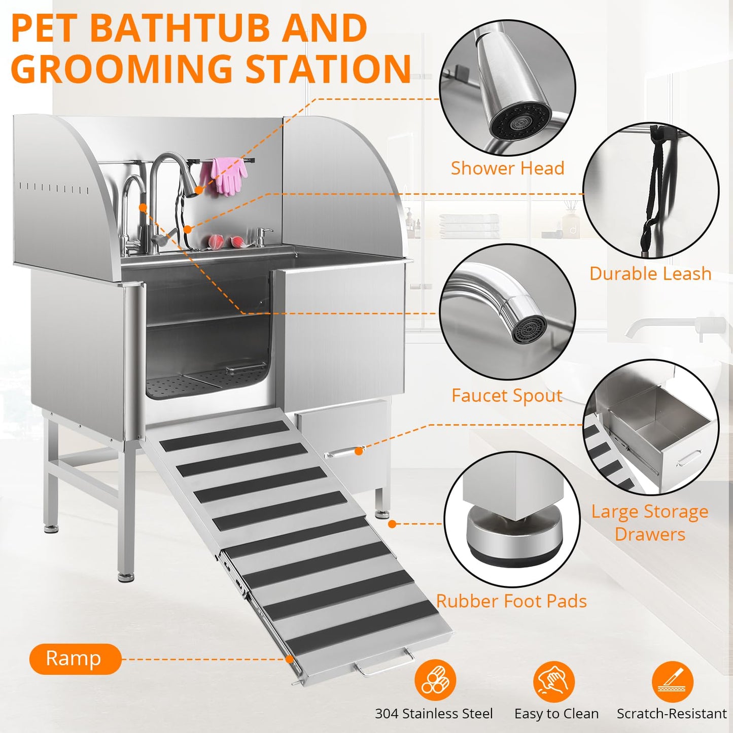 ActiveTrail Professional Stainless Steel Dog Grooming Tub, Collapsible Ramp, Storage Drawer, Pull-Out Faucet, Floor Grate, Dog Washing Station for Large, Medium, Small Pets, Left Door, 50 inch