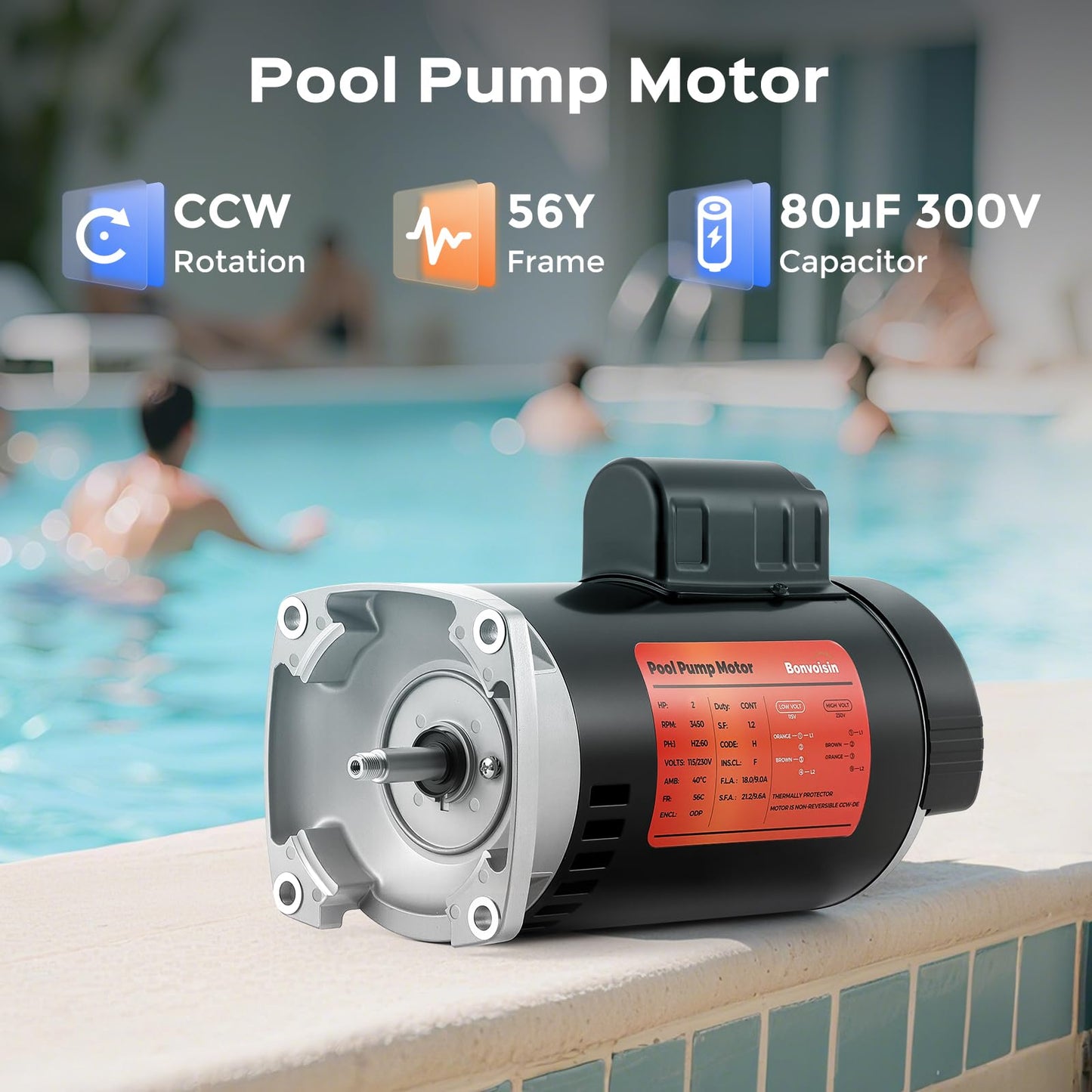 Bonvoisin 1HP Pool Pump Motor 56Y Frame 3450 RPM CCW Rotation Square Flange Replacement Motor with 80μF/300V Capacitor for Above Ground and Underground Swimming Pools 115V/230V