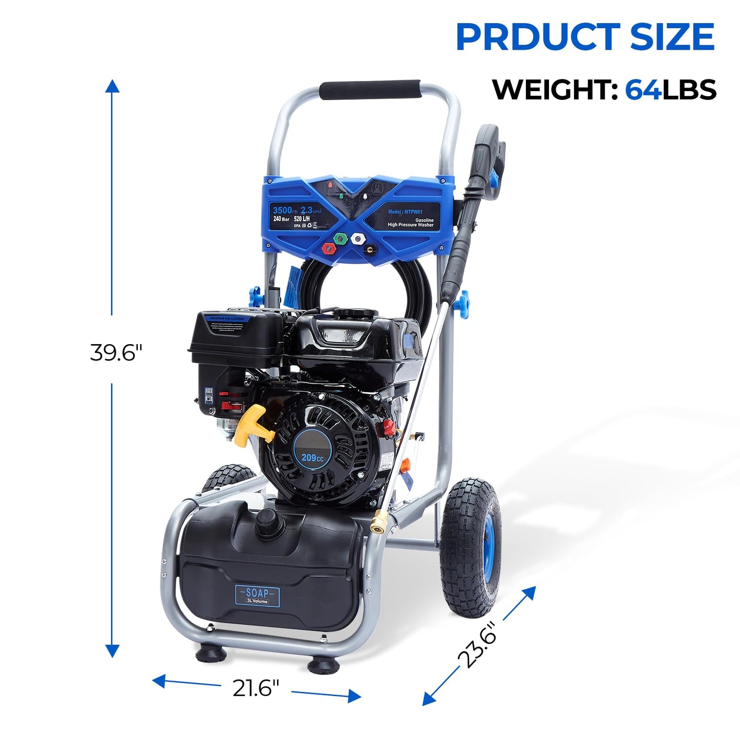 Hushlight Gas Pressure Washer, 3500 PSI 2.3 GPM Power Washer with 209CC Engine, 4 Quick-Connect Nozzles, 25FT Hose, 3L Soap Tank, High Pressure Washer for Car, Driveway, Fence, Patio, Home Cleaning