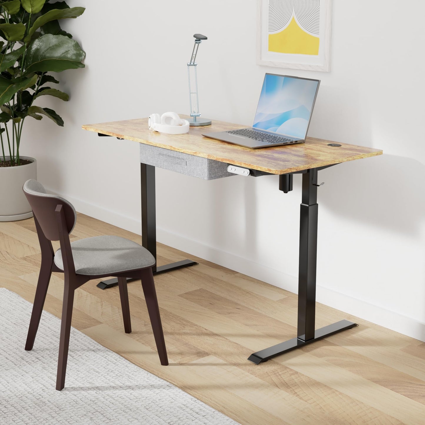 BANTI Adjustable Height Standing Desk with Drawers, 55x24 Inches Electric Stand Up Desk, Sit Stand Home Office Desk with Black Frame/Rustic Brown Top