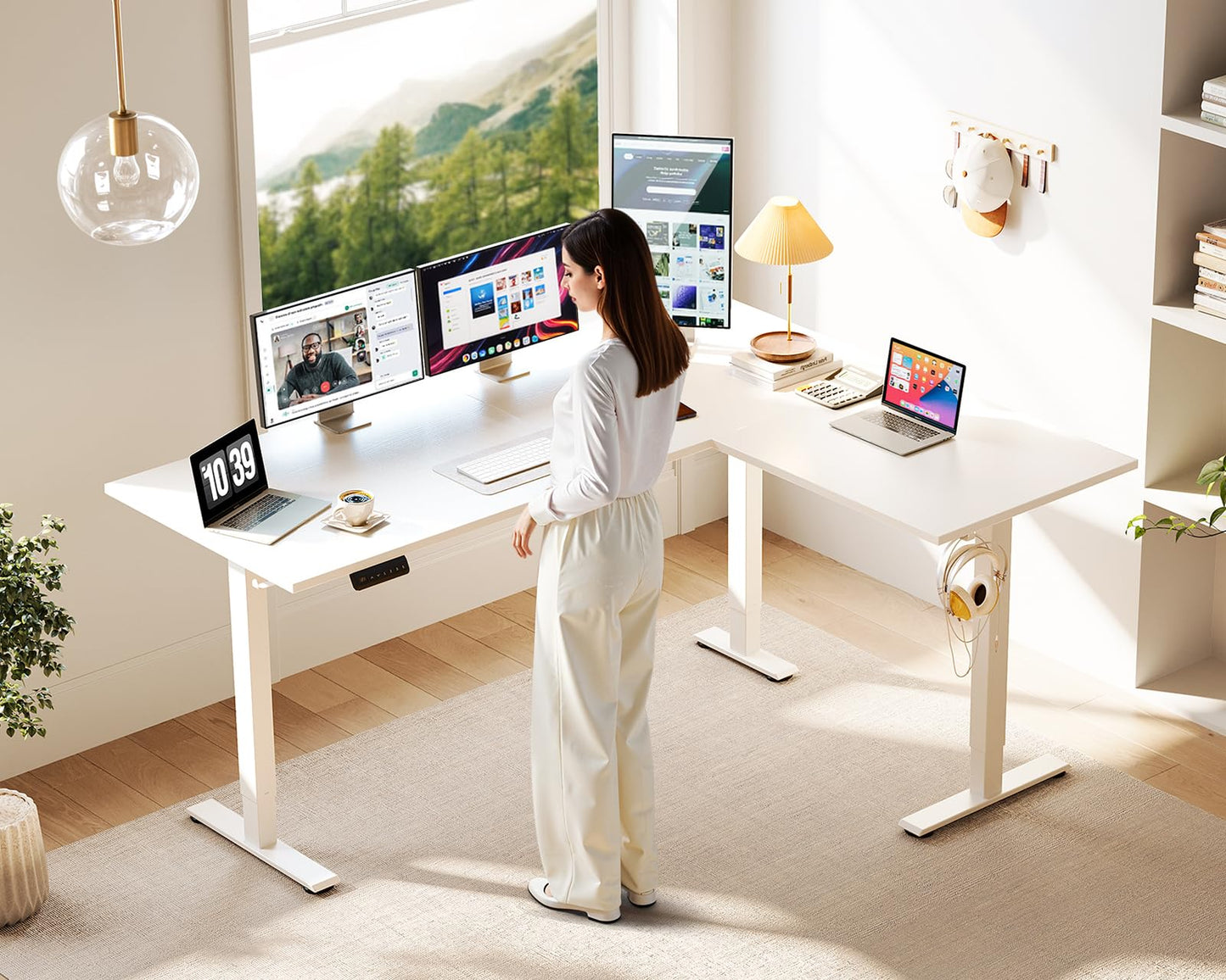 Casaottima 63 Inch Electric L-Shaped Standing Desk, Reversible Corner Desk with Height Adjustment, Large Ergonomic Workstation for Home Office, Reception Room, White