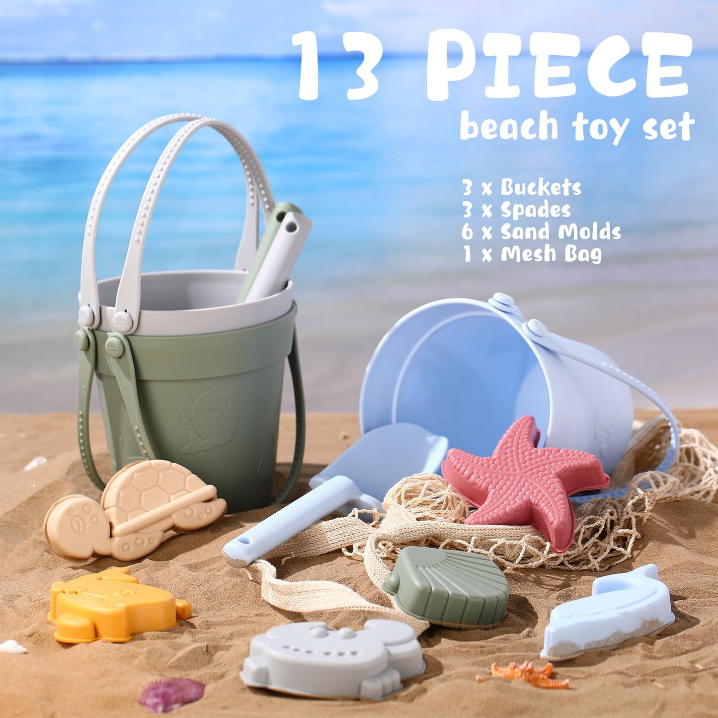 Hungdao 13 Pcs Silicone Beach Toys Travel Beach Set Sand Toys Including 3 Silicone Buckets 3 Shovels 6 Sea Creature Sand Molds 1 Bag for Kids Boys Girls Summer Pool Outdoor Bath(Green Gray Blue)