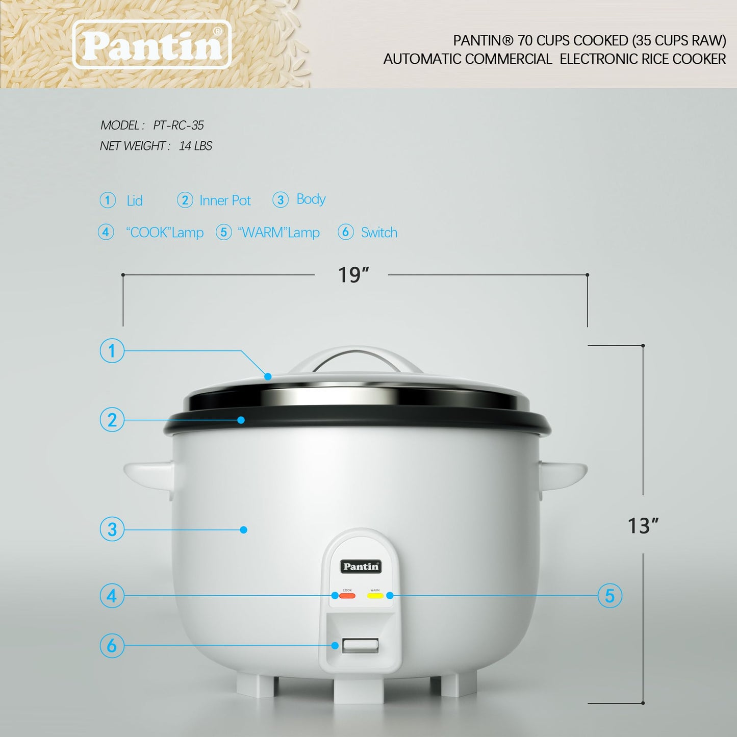 Pantin Commercial Electric Rice Cooker β 35 Cups Raw / 70 Cups Cooked Capacity w/Measuring Cup & Scoop β High-Efficiency Large Rice Cooker Commercial Rice Cooker for Restaurants, Hotels and Catering