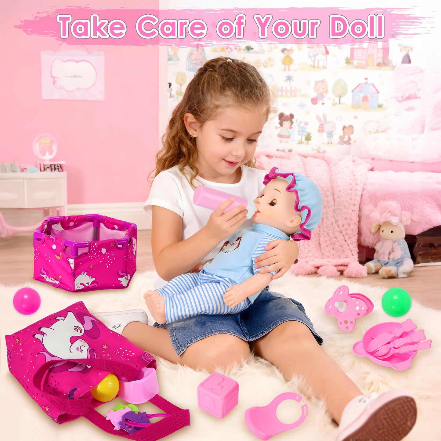 HUITEM Baby Doll Stroller Toys Set, 17 PCS Baby Doll Accessories Stroller Toys with Baby Dolls,2 Sets Doll Clothes, Playpen, Handbag, Feeding Nursery Pretend Play Gifts for Girls Toddlers 3 4 5
