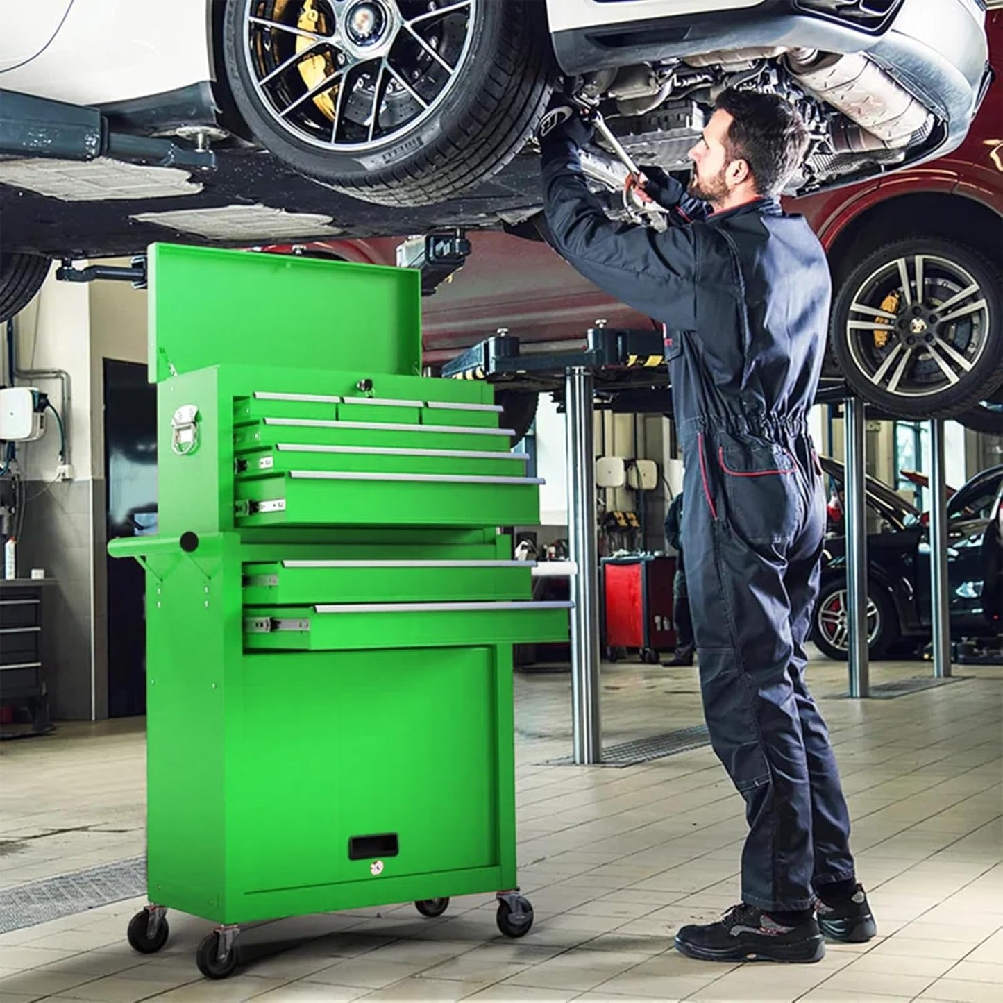 PLENTORA 8 Drawers Rolling Tool Chest - Tool Box Organizer with Wheels and Drawers, Detachable Storage Cabinet with Lock for Garage Workshop, Green