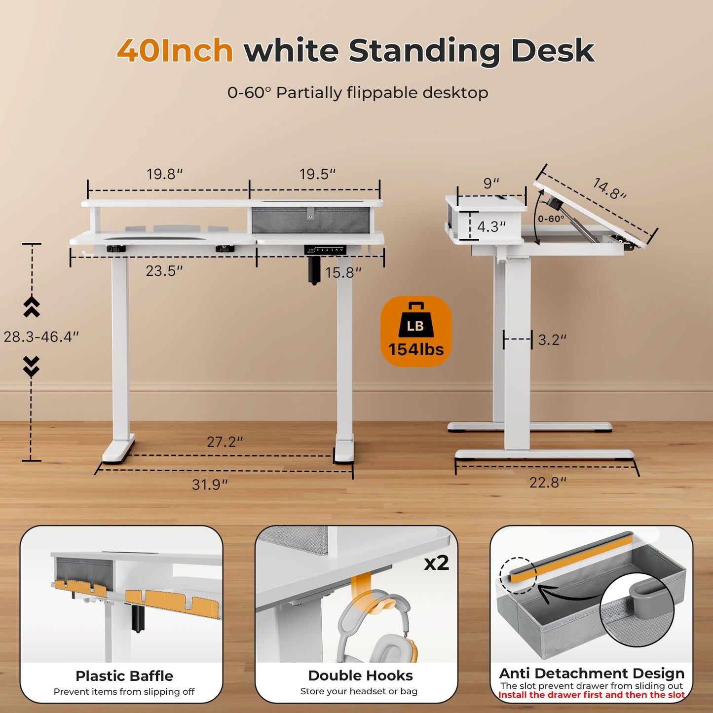 White Standing Desk,60° Tiltable Height Adjustable Electric Rising Desk,40Inch Foldable Mobile Laptop Table with Shelf,Monitor Stand, Drawer ,Flippable Drafting Workstation on Wheels for Kids’ Drawing