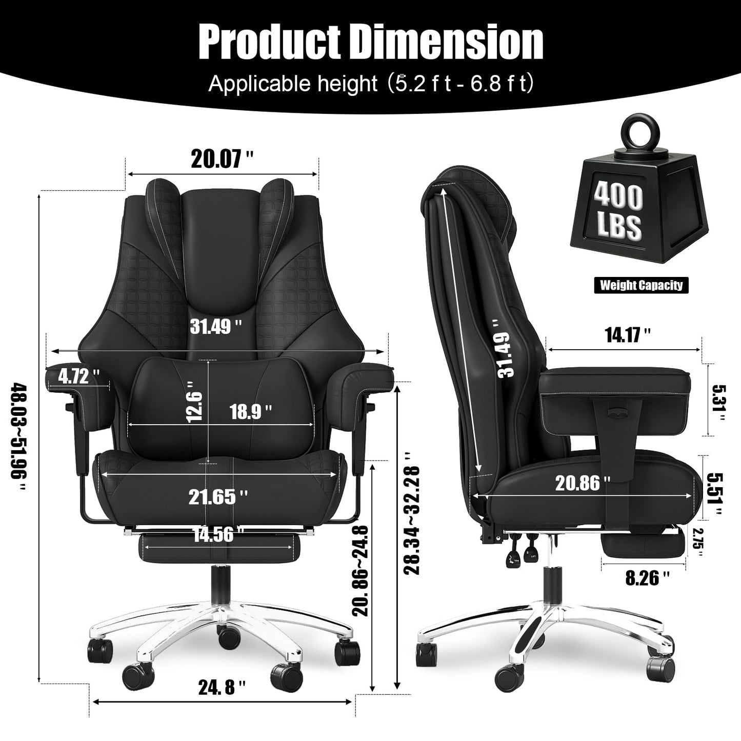 400lbs Big and Tall Office Chair, Wide Ergonomic Leather Executive Chair for Heavy People with Foot Rest, High-Back Reclining Computer Chair with Swivel Wheels and Lumbar Support (Black)