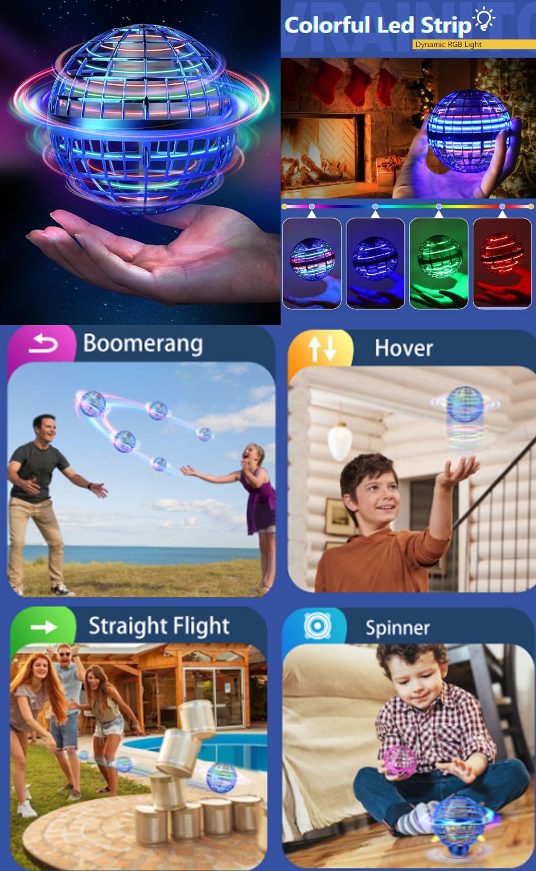 Vrainito Flying Orb Ball 2025 Upgrade, 2 Pack Hand-Controlled Flying Orb Toy, 360° Rotating Cosmic Globe Hover Ball for Kids (Blue + Blue)