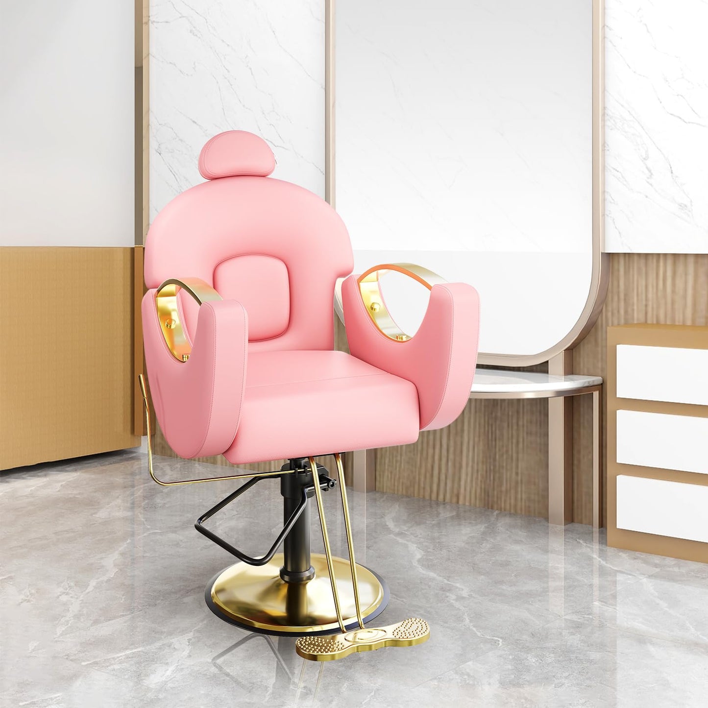 BouPower Barber Salon Chair, Height Adjustable Hydraulic Hair Reclining Salon Chairs, 360 Degrees Rotation, Multi-Function for Barbershop, Spa, Pink