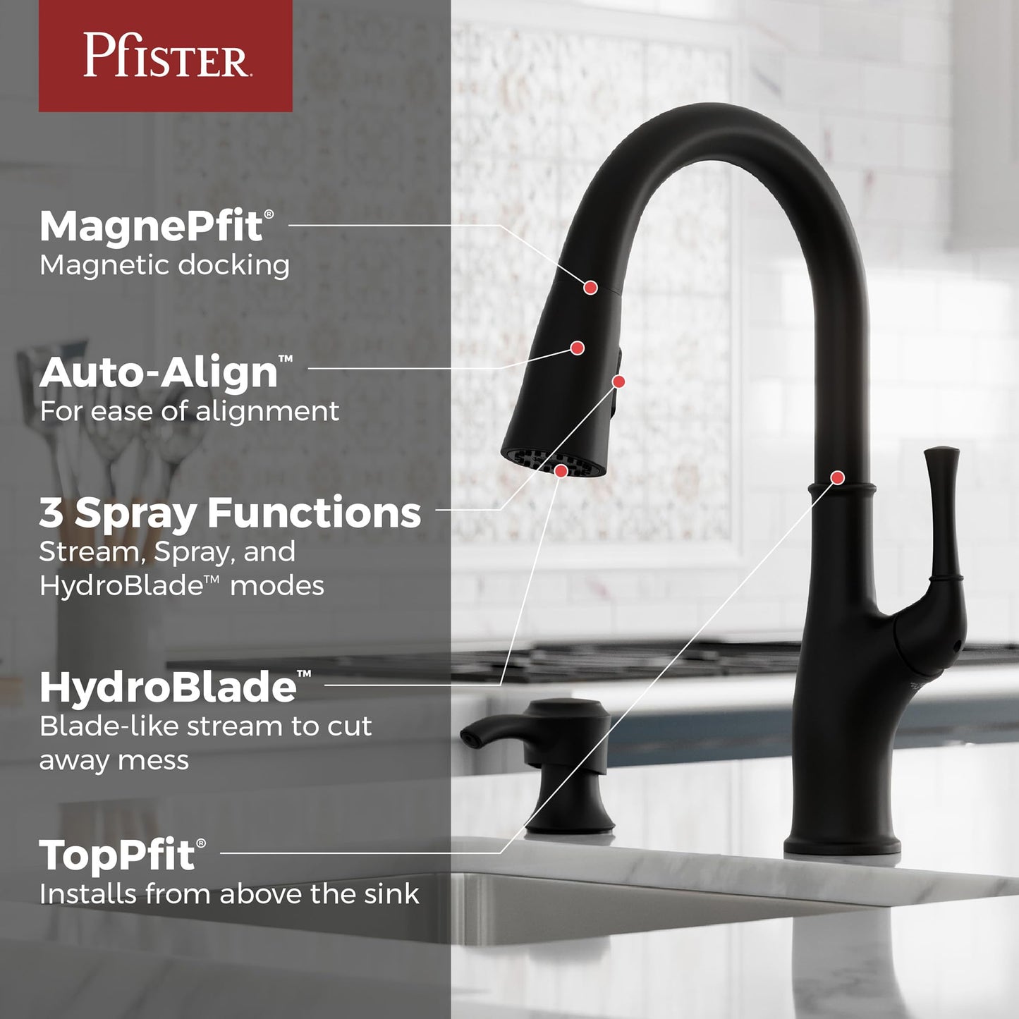 Pfister Alderwood Kitchen Faucet with Pull Down Sprayer and Soap Dispenser, Single Handle, NSF Certified, Matte Black Finish, F5297AWB