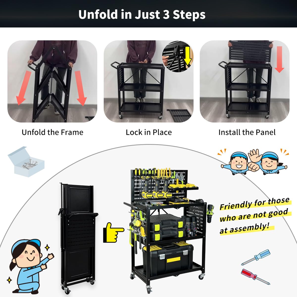 Lumizone Foldable Tool Cart with Wheels Rolling Utility Service Cart with Pegboard for Power Tool Organization Garage Organizer Storage on Wheels Heavy Duty Folding Design (Tool Cart)