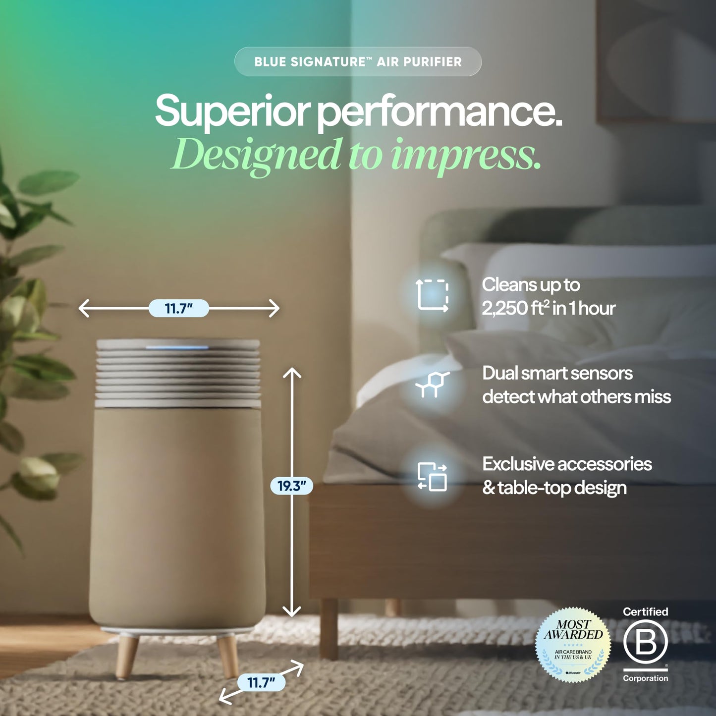 BLUEAIR Blue Signature SP3i Air Purifier for Medium Rooms up to 498 sq ft, HEPASilent Filtration, WiFi Smart Control, Auto Mode, Odor & Smoke Removal, Pet Hair & Dust, AHAM Verified, Table Design