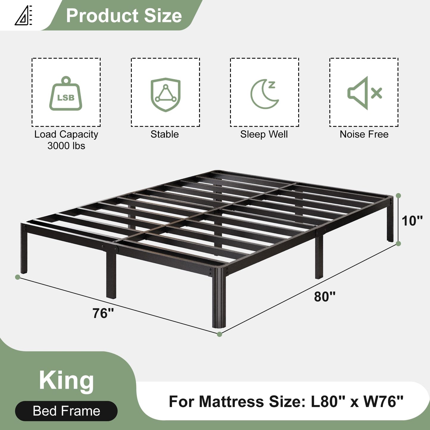 Lutown-Teen 10 Inch King Bed Frame with Rounded Corner Legs, 2000 LBS Heavy Duty Metal King Size Platform Bed Frame No Box Spring Needed, Noise Free, Easy Assembly, Black