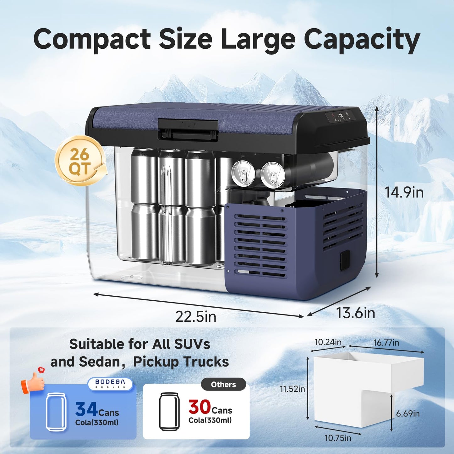 BODEGA 12 volt Car Refrigerator - 26QT Portable Freezer IPX4 Waterproof Car Fridge Electric Cooler Ultra-Quiet for Truck Van Camping Travel 12/24V DC 110~240 Volt AC,-4โ~68โ