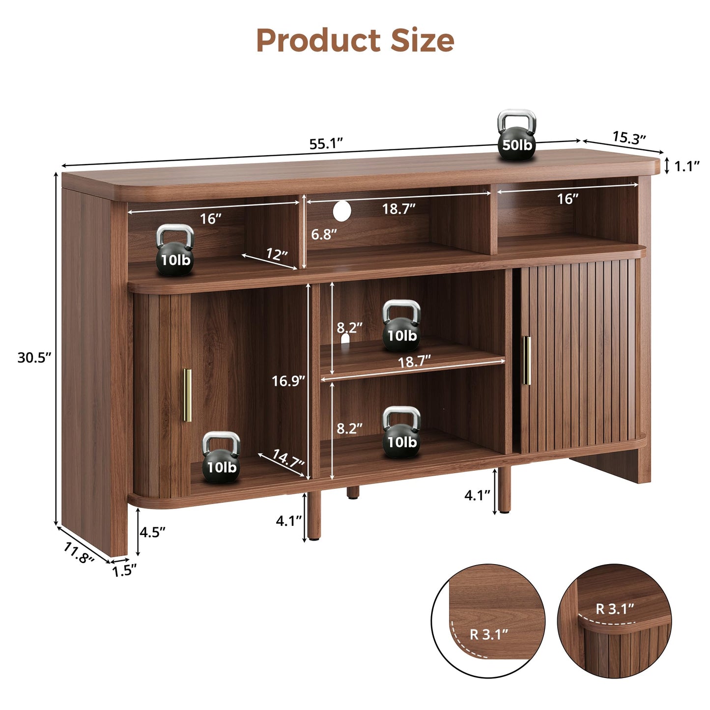 IRONCK 55" Sideboard Buffet Cabinet with Storage, Fluted Credenza with Sliding Door & Open Shelf, Mid Century Modern Accent Coffee Bar Console Table for Kitchen, Living Room, Entryway, Walnut