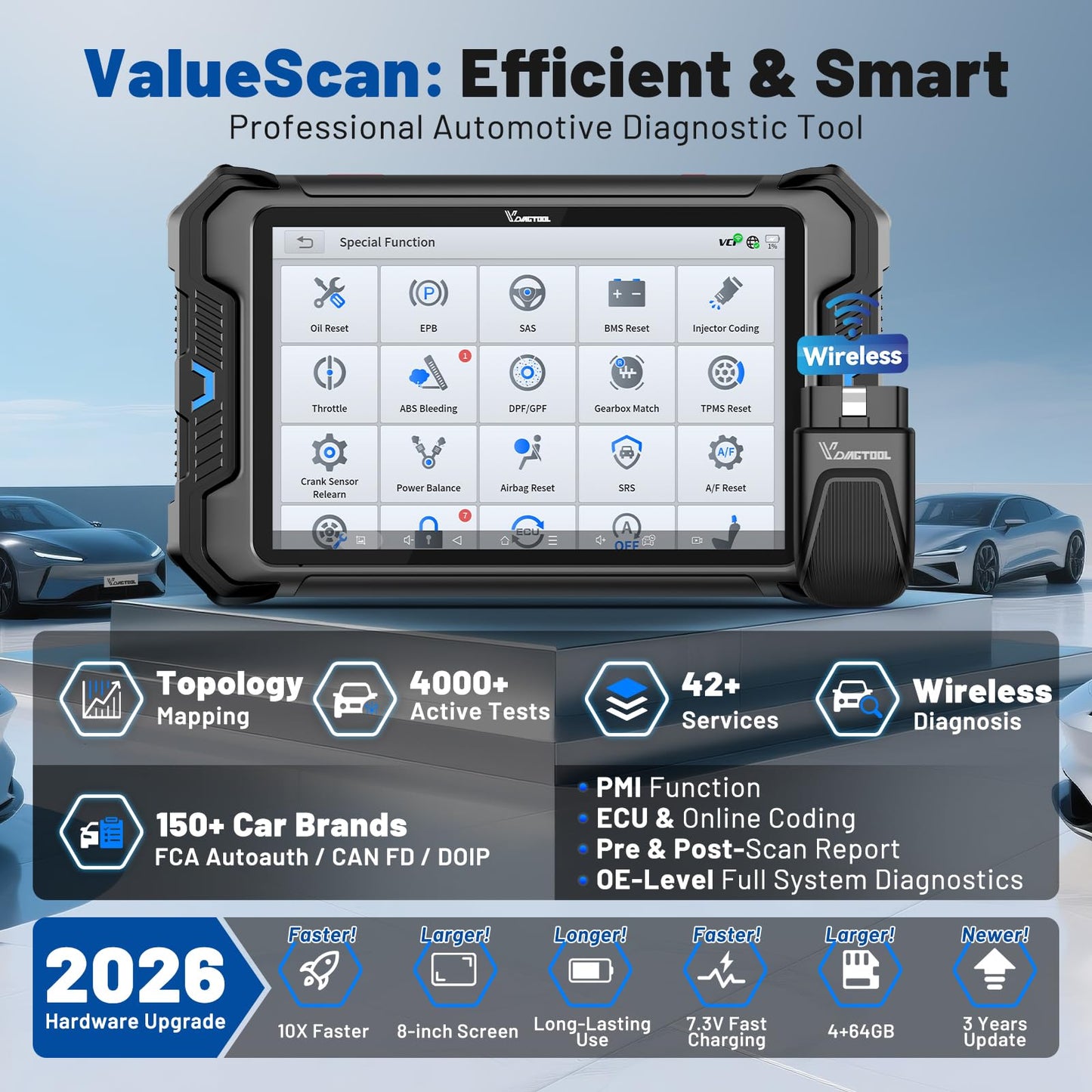 Bidirectional Scan Tool VDIAGTOOL VD80 BT, 2026 Topology Mapping OBD2 Scanner for Car, 8" Wireless Full System Diagnostic Tool with 42+ Resets, ECU Coding, FCA AutoAuth, CAN FD/DoIP, 3 Years Update