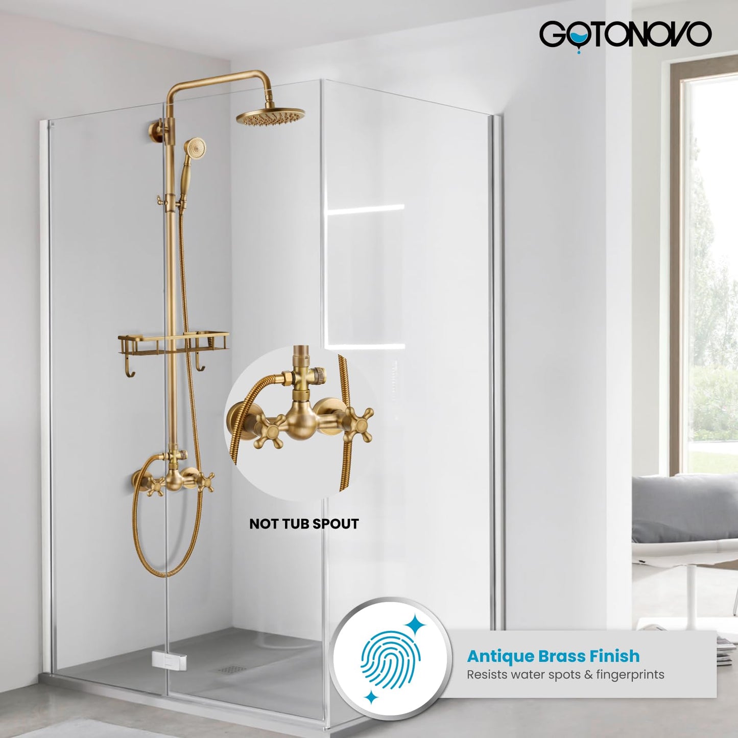 gotonovo Exposed Shower Faucet Set with Shower Shelf 8 inch Rainfall Shower Head with Handheld Sprayer Double Cross Handles Shower System Dual Functions Wall Mounted Antique Brass