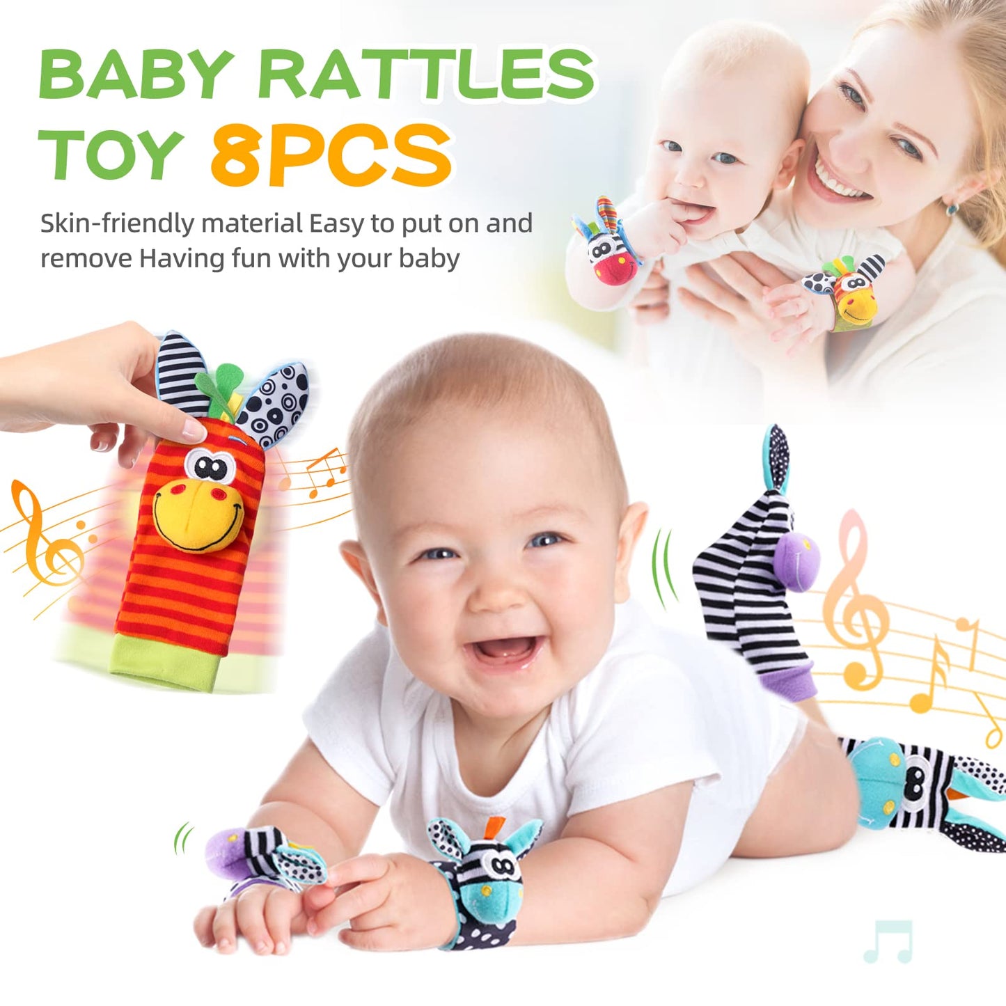 Baby Rattle Socks Set, Hand and Foot Finder Rattles Toys for Babies 0-6 Months, Infant Shower Gifts Set with Wrist Rattle Socks, Newborn Sensory Toy for Boys Girls 0-12 Months